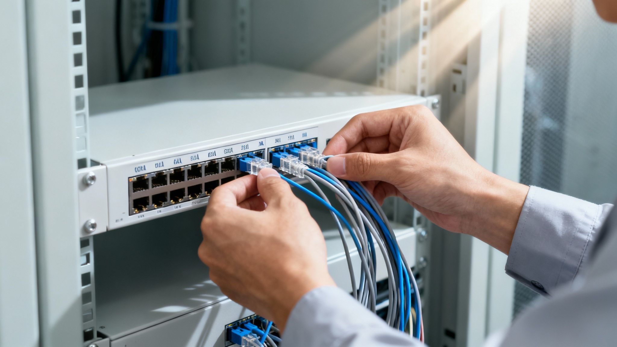 Close-up of a technician's hands connecting fiber optic cables into a network switch in a server rack.