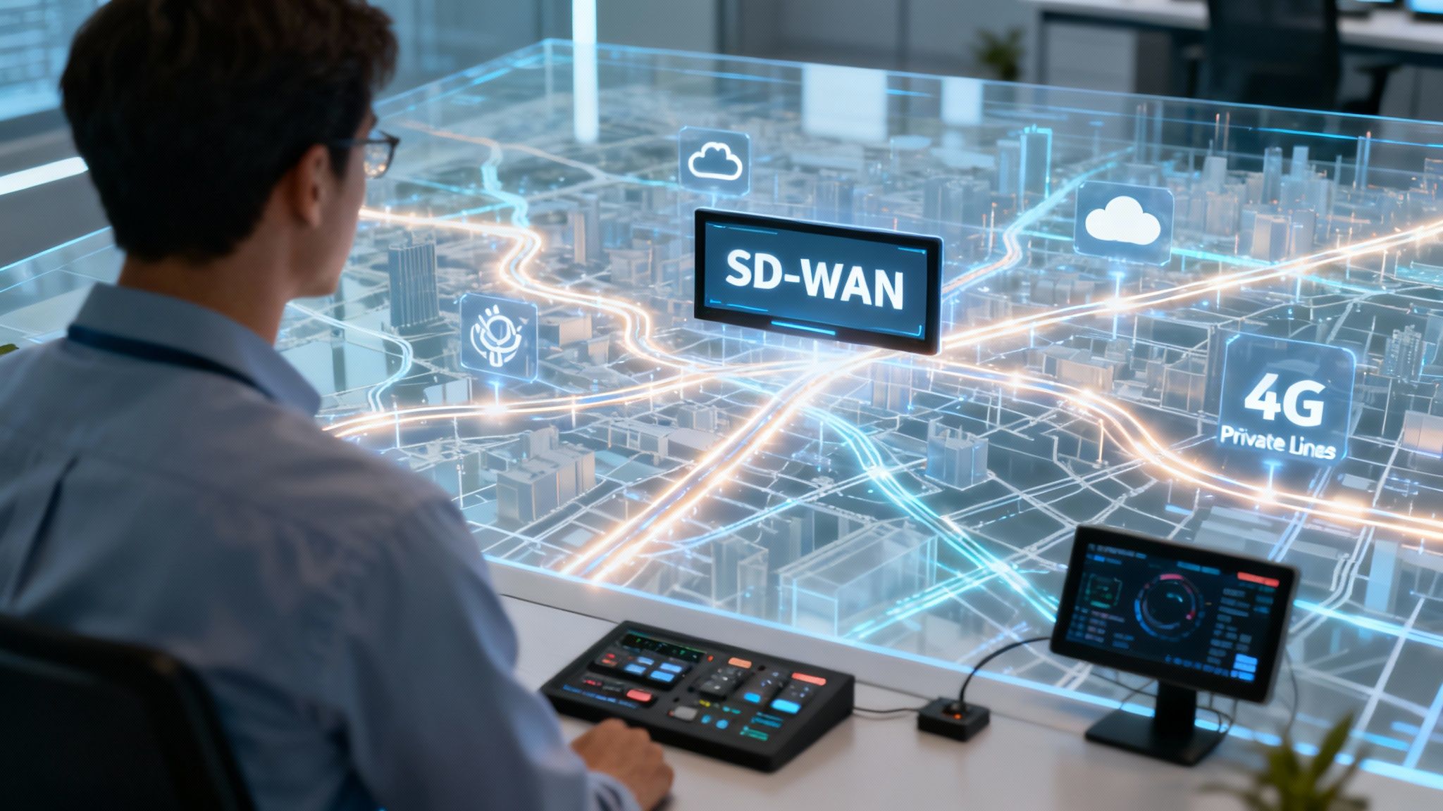 Man manages a holographic city map with SD-WAN and 4G private lines network infrastructure.