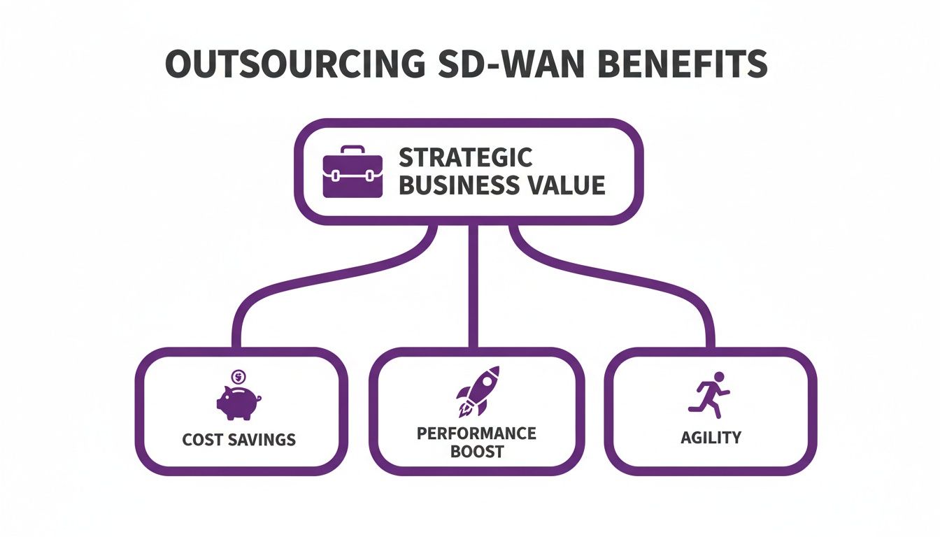 Diagram showing how outsourcing SD-WAN provides strategic business value through cost savings, performance, and agility.