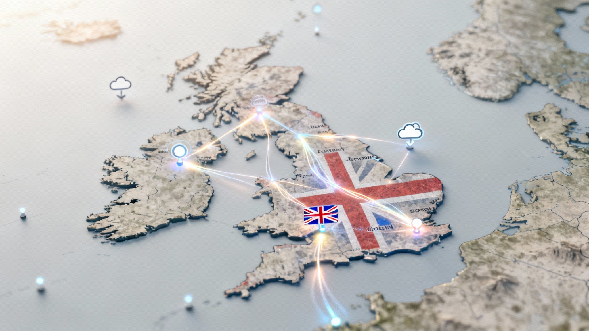 Overhead view of a 3D map of the UK and Ireland, illustrating digital network connections and cloud services.