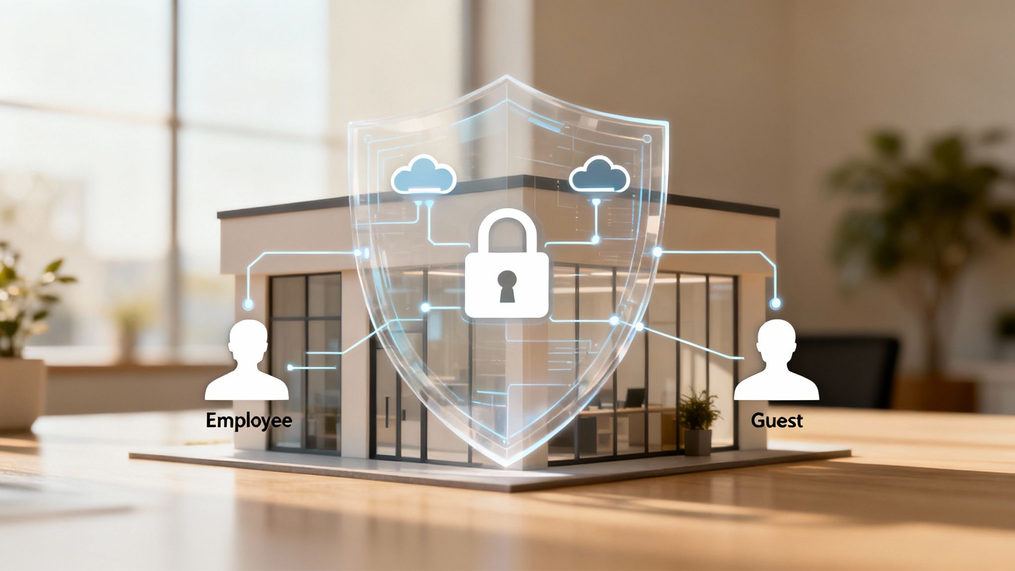 Cybersecurity shield protecting a building model with employee and guest access, symbolizing network security.