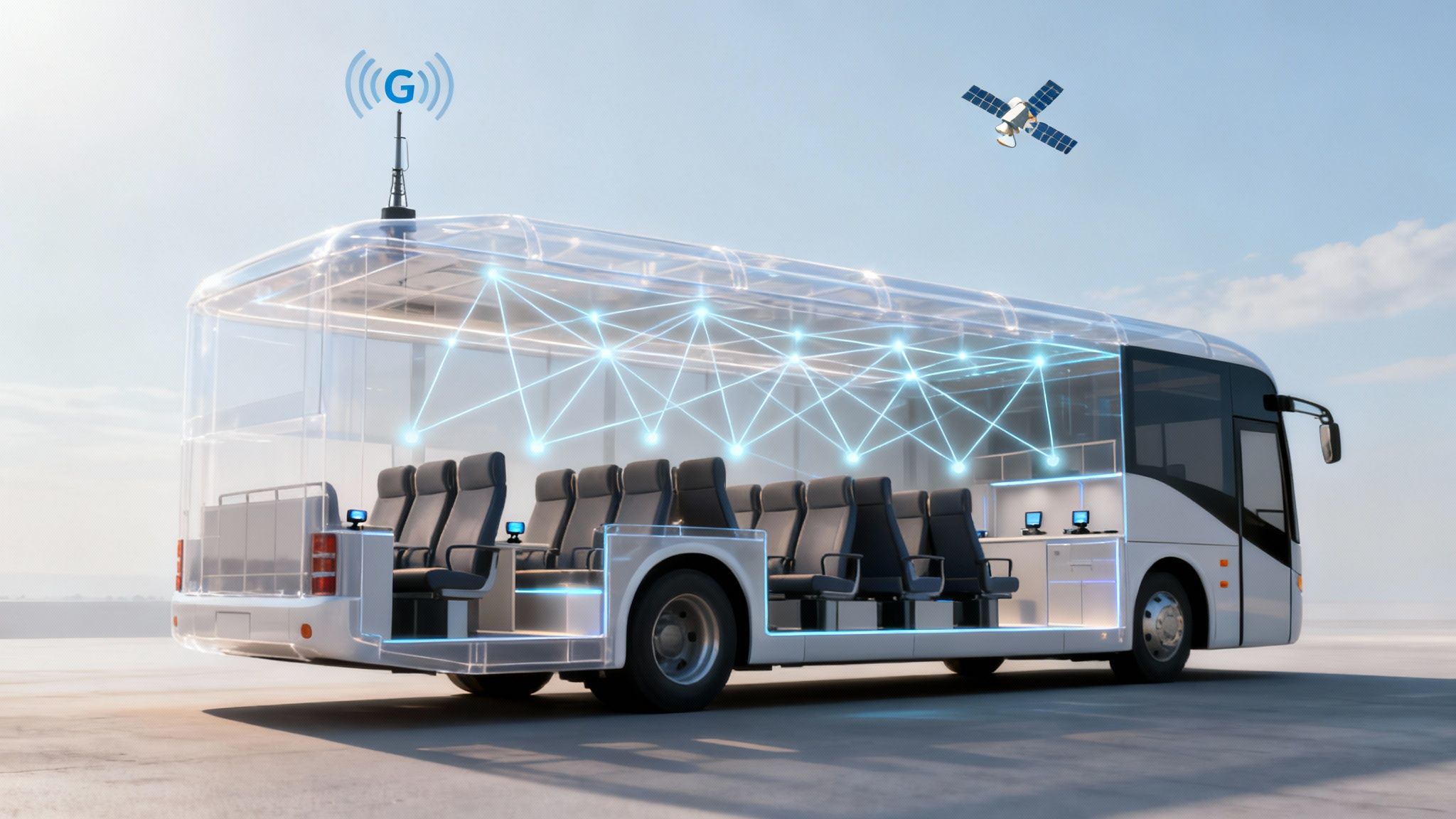 Transparent concept bus with a 5G antenna, internal glowing network, and a satellite, representing smart transportation.