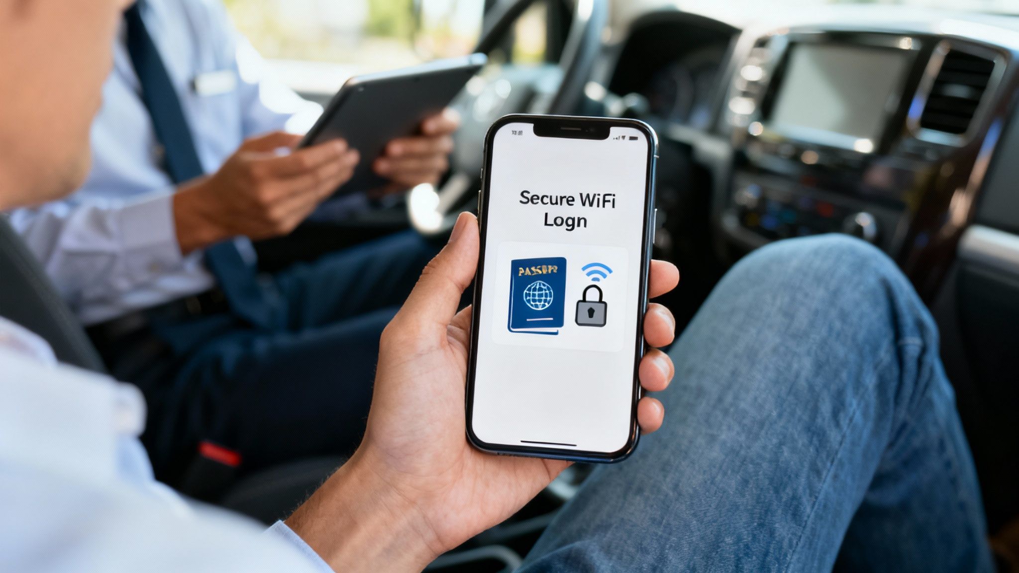 A passenger logs into secure WiFi on a smartphone displaying passport and lock icons inside a vehicle.