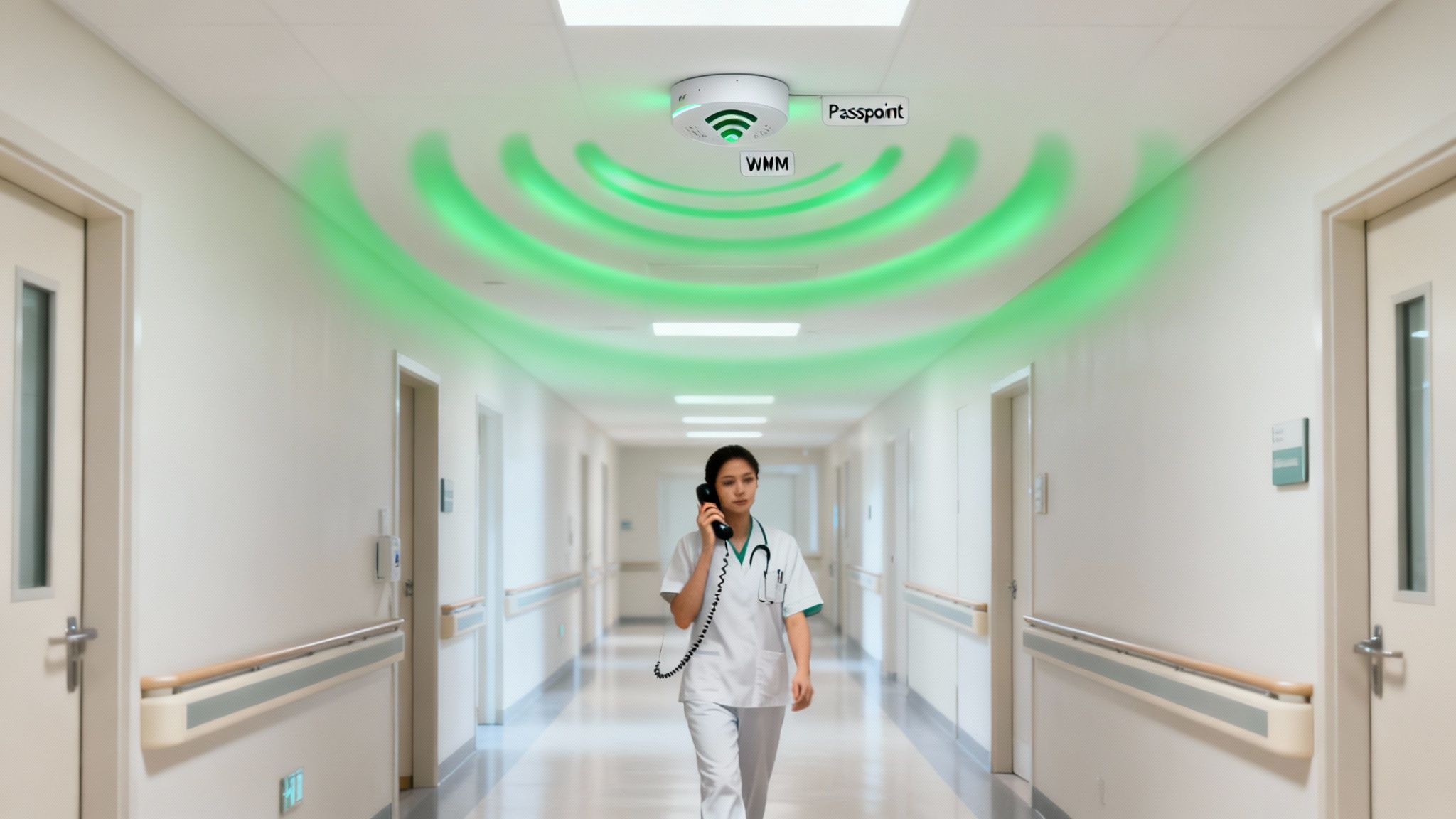 A nurse walks through a bright hospital corridor, talking on a phone, with a smart device on the ceiling.