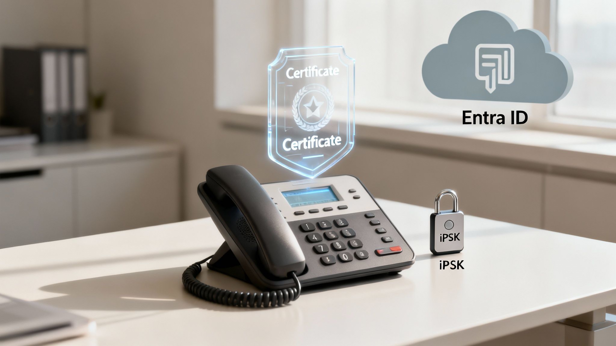 An IP phone on a desk with a glowing certificate, Entra ID cloud, and iPSK padlock for security.