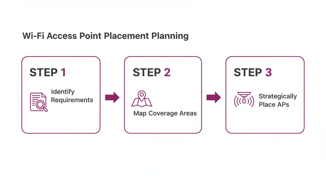 A three-step diagram illustrating Wi-Fi Access Point Placement Planning: Identify Requirements, Map Coverage Areas, and Strategically Place APs.