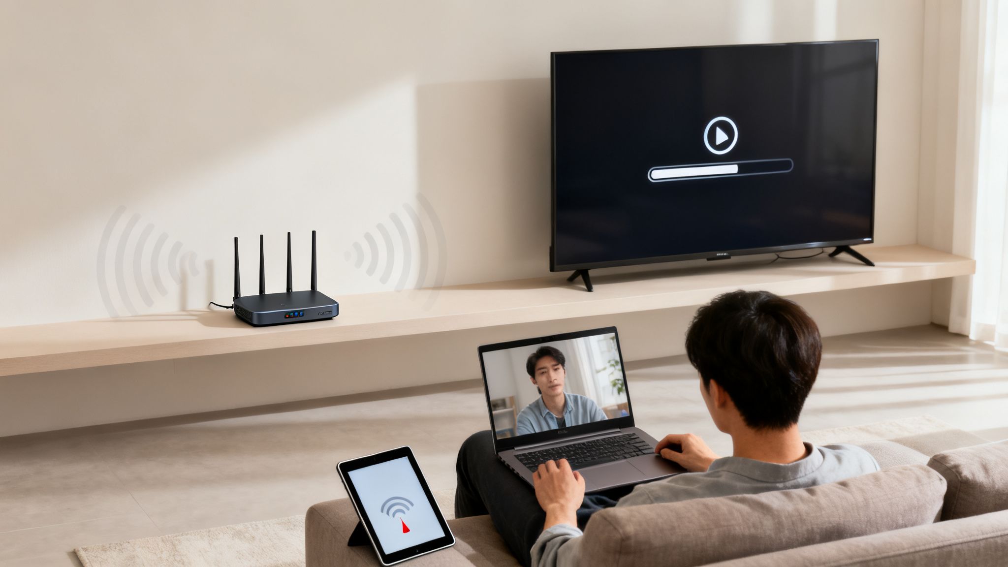 A man on a couch using a laptop for video call, with a tablet and router emitting Wi-Fi signals.