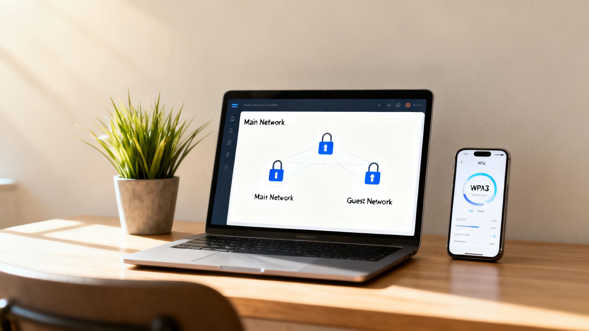 A laptop and smartphone on a wooden desk display Wi-Fi network settings and WPA3 security.