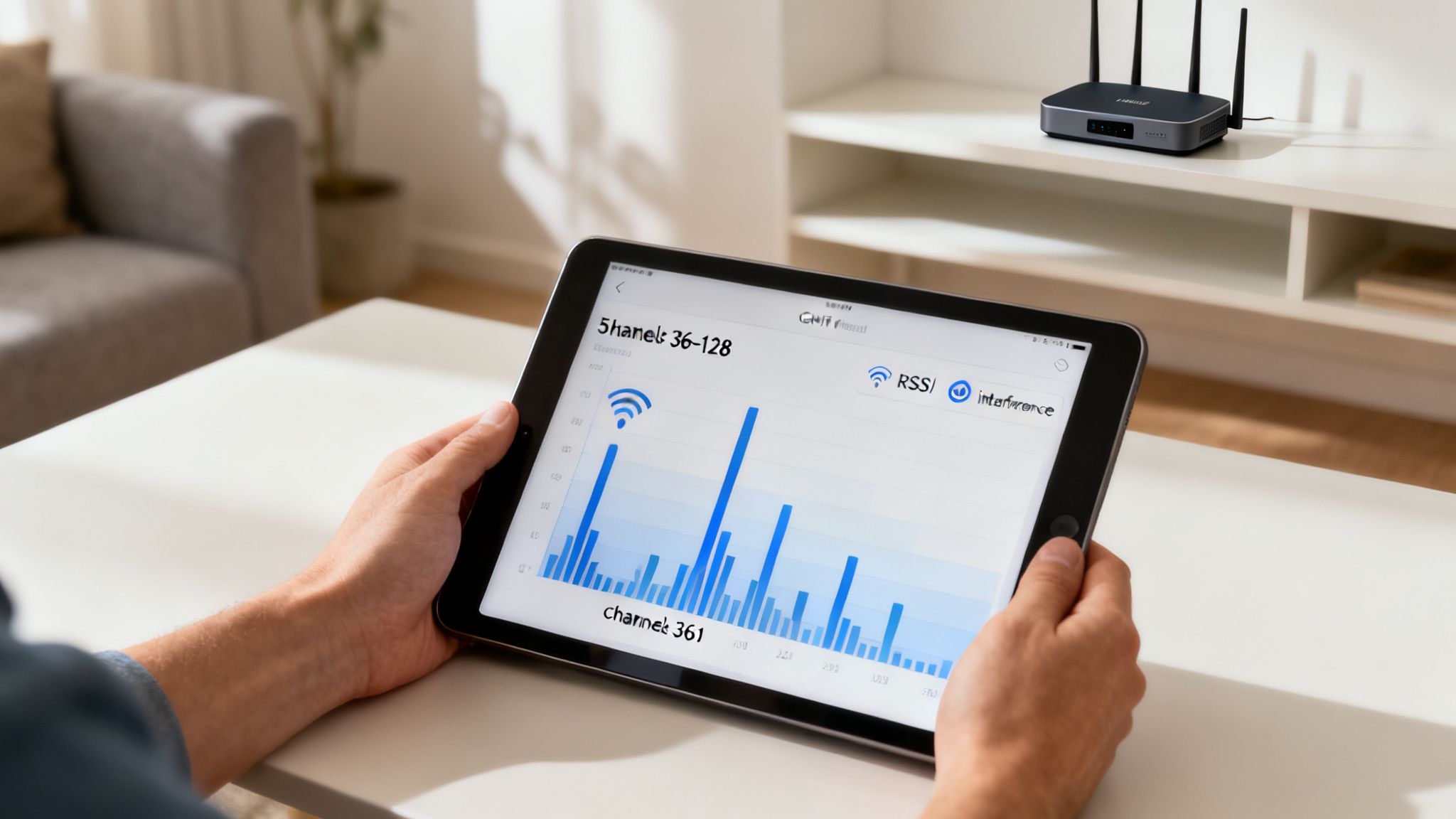 Person holding a tablet displaying a Wi-Fi channel analyzer graph, with a router in the background.