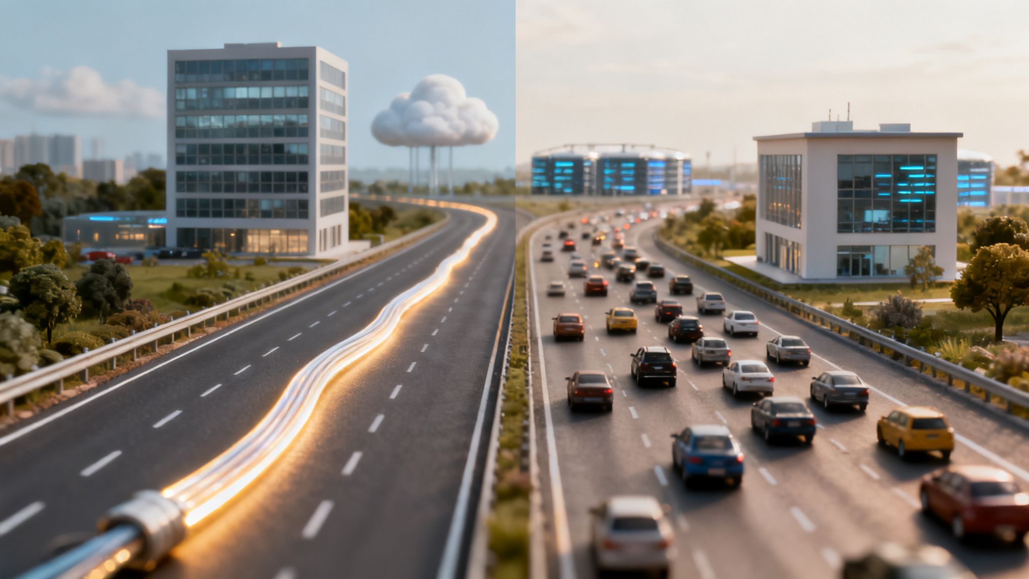 Split image contrasts fast fiber optic cable internet with slow highway traffic congestion.