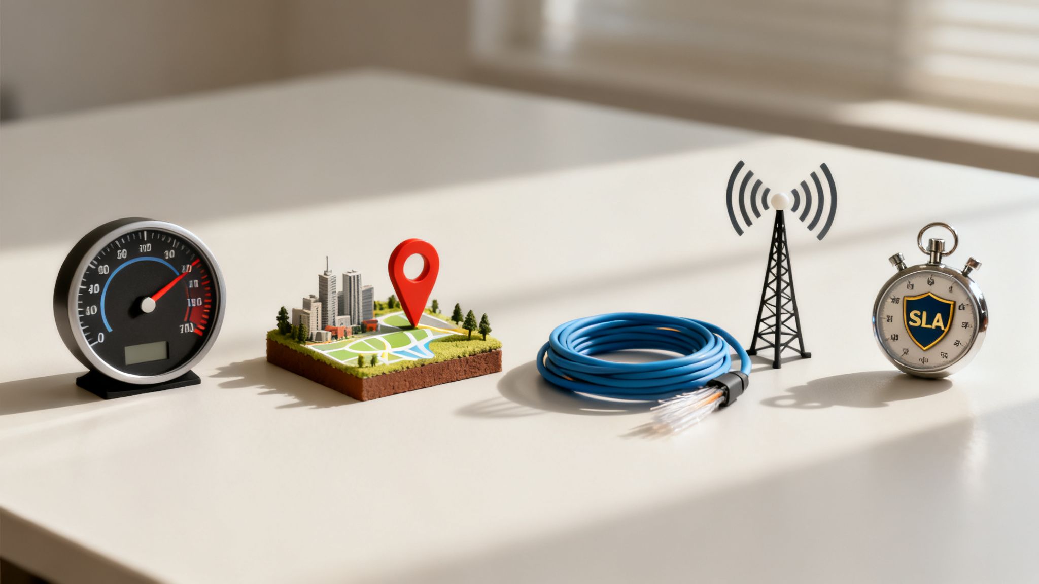 Illustrative objects for network performance: speedometer, city map, fiber cable, cell tower, SLA stopwatch.