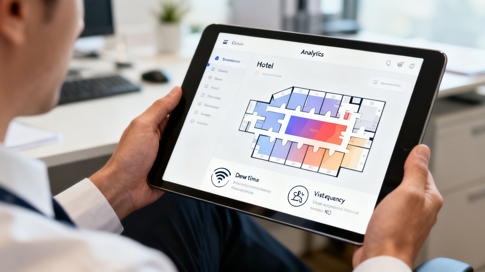 Man holding a tablet displaying hotel analytics with a floor plan showing Wi-Fi and visitor data.