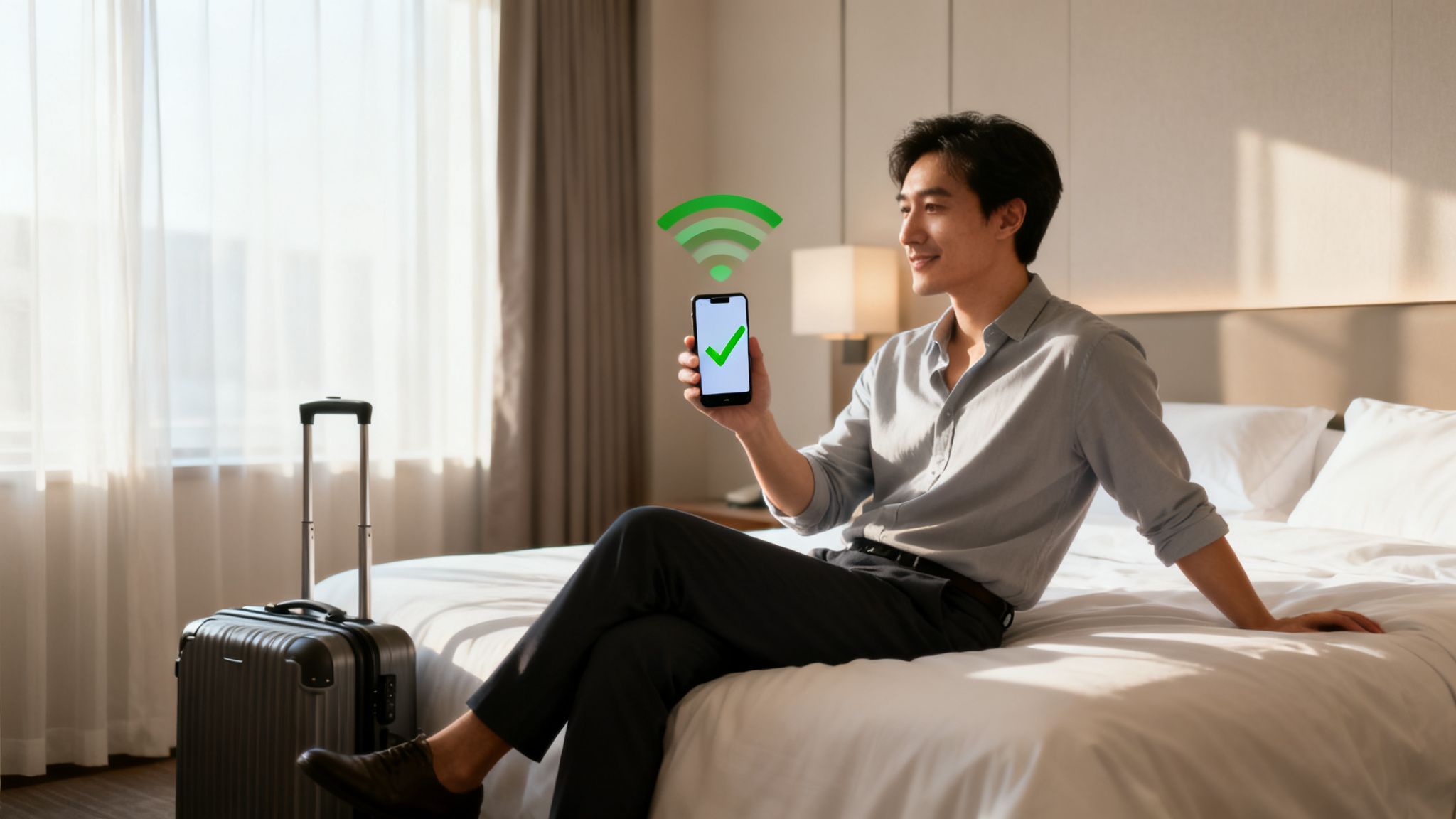 Smiling man in a hotel room connects his smartphone to a strong Wi-Fi network.