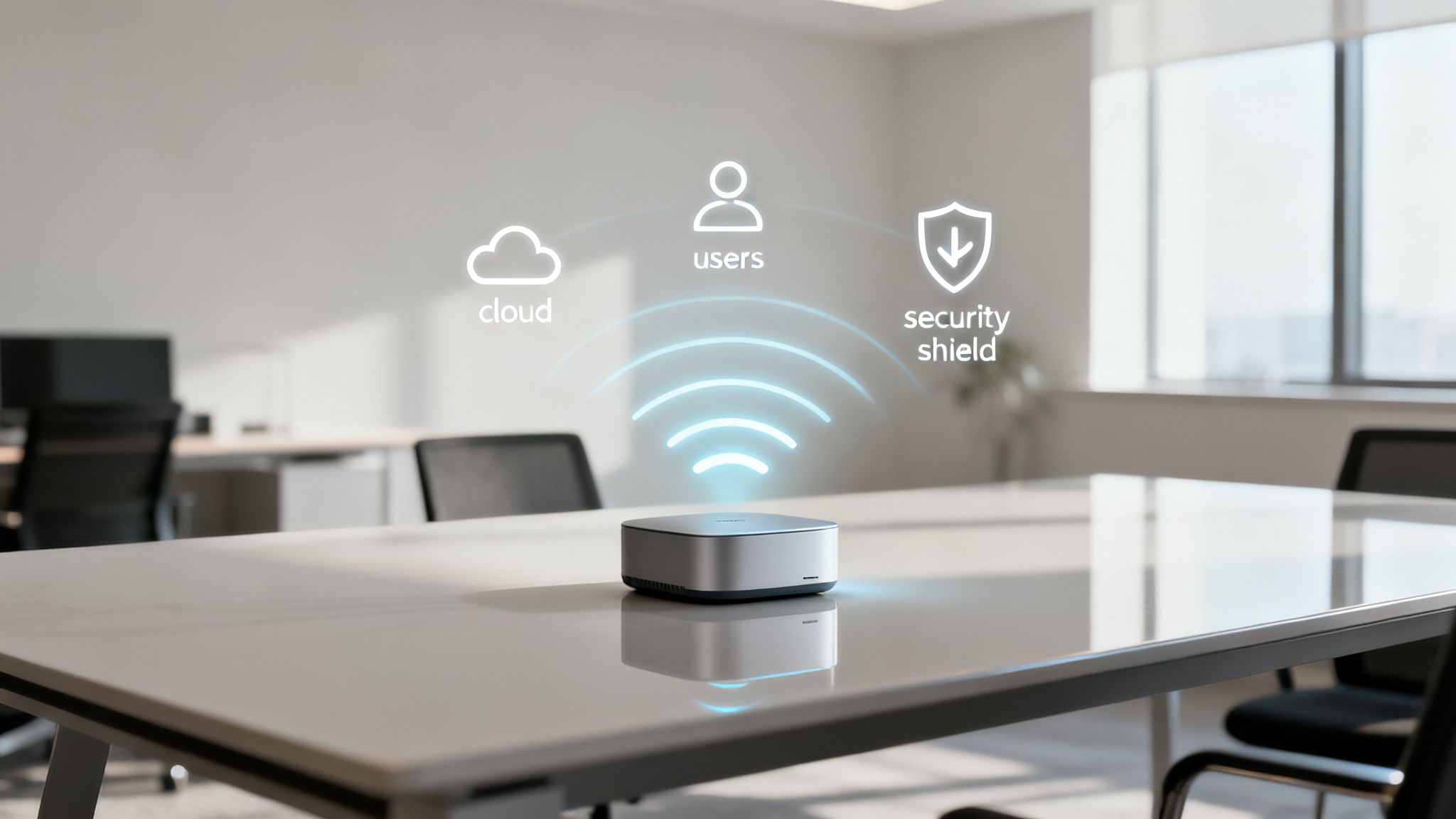A silver wireless access point on an office table, radiating signals linked to cloud, users, and security shield icons.