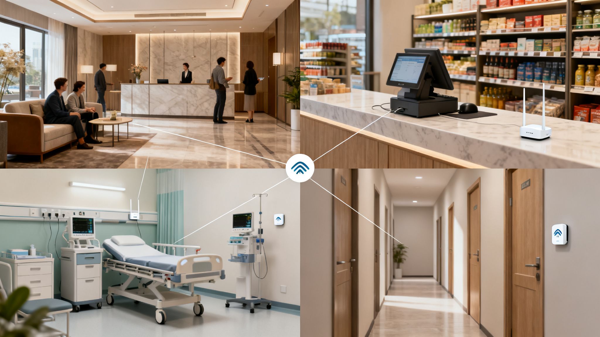 Wireless network solution depicted across multiple environments: hotel, retail store, hospital, and hallway.