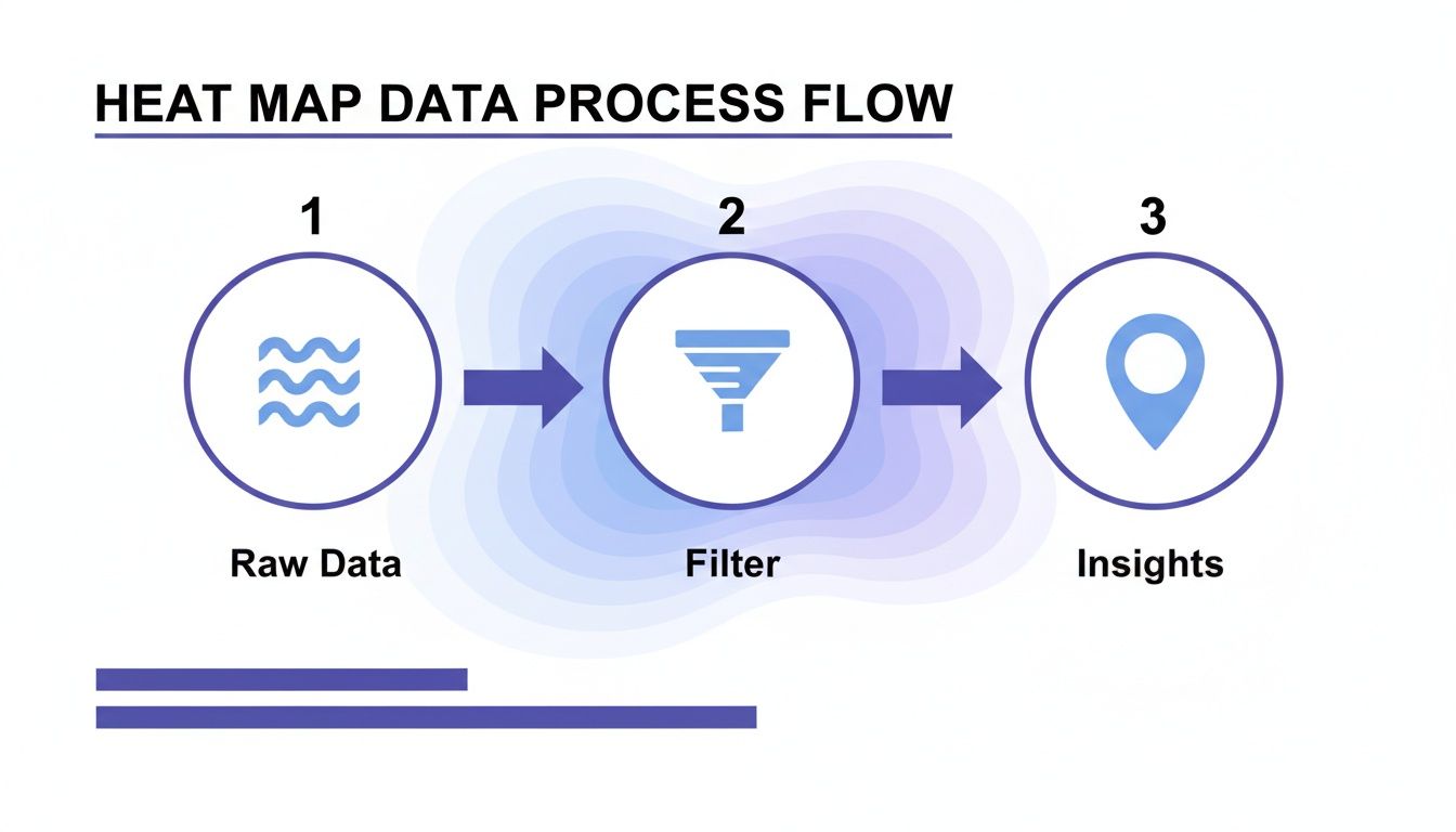 A three-step heat map data process flow showing Raw Data, Filter, and Insights.