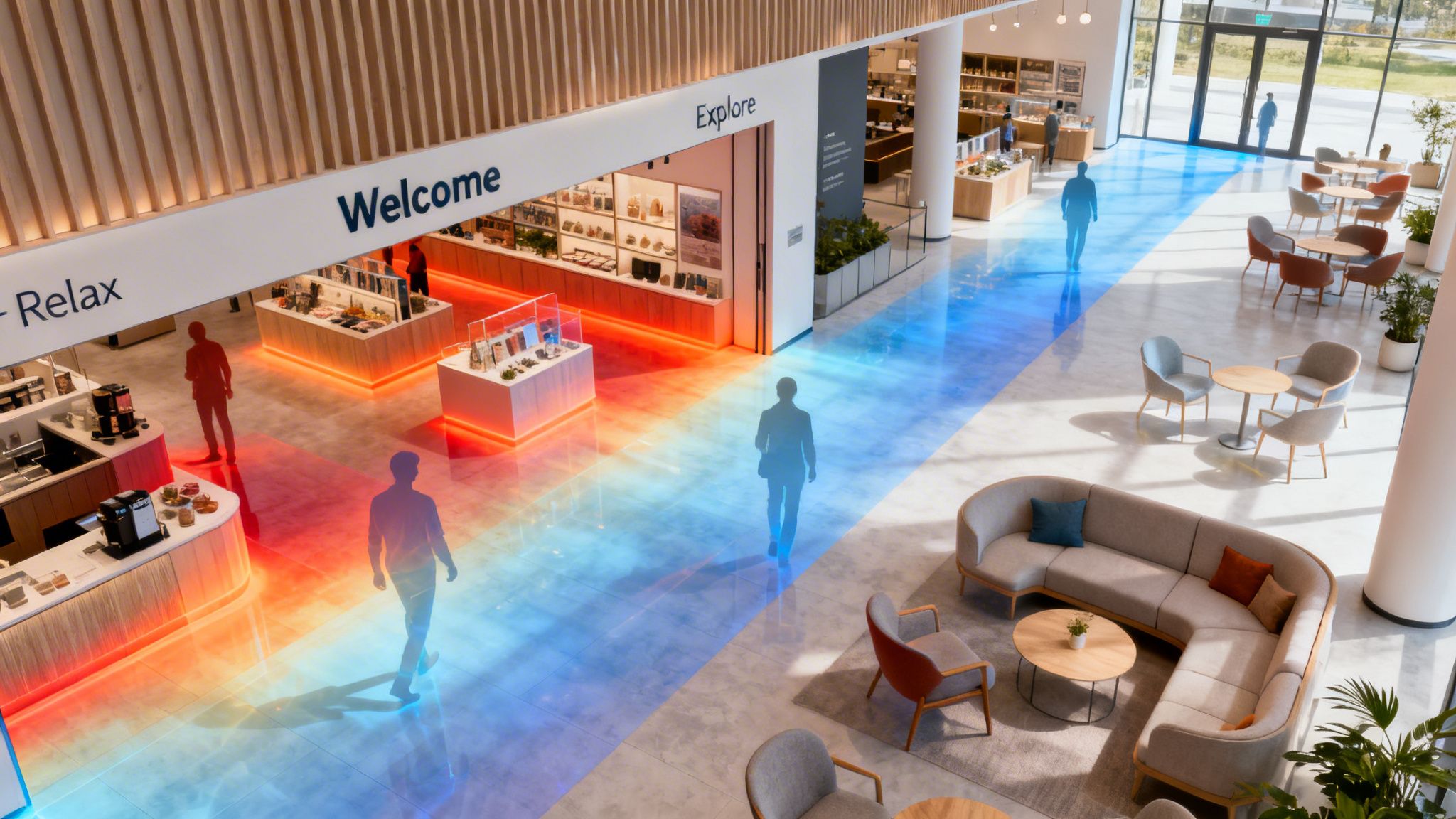 Modern retail space with vibrant red and blue floor lighting guiding people towards different zones.