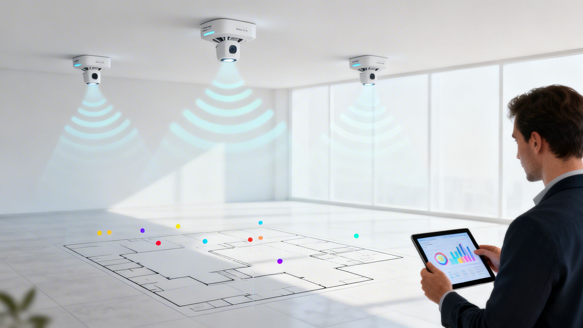 A man views a tablet displaying a floor plan with colored tracking points from ceiling sensors.
