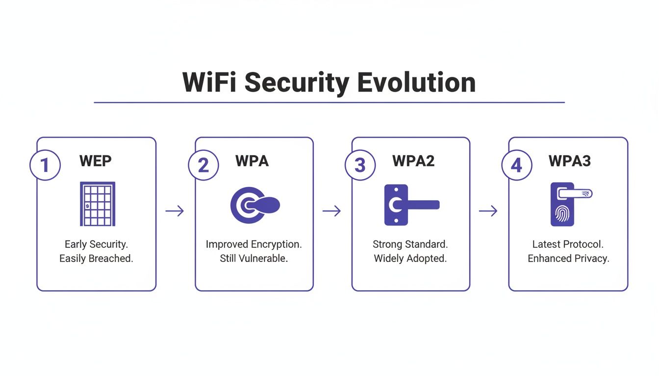 A diagram illustrating the evolution of WiFi security protocols: WEP, WPA, WPA2, and WPA3, detailing their characteristics.