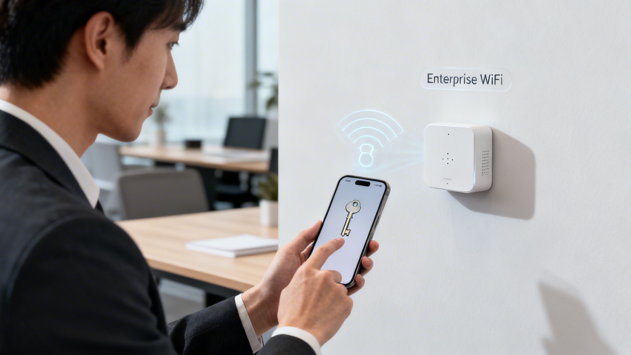 Young businessman connecting to enterprise WiFi network using a digital key on his smartphone.