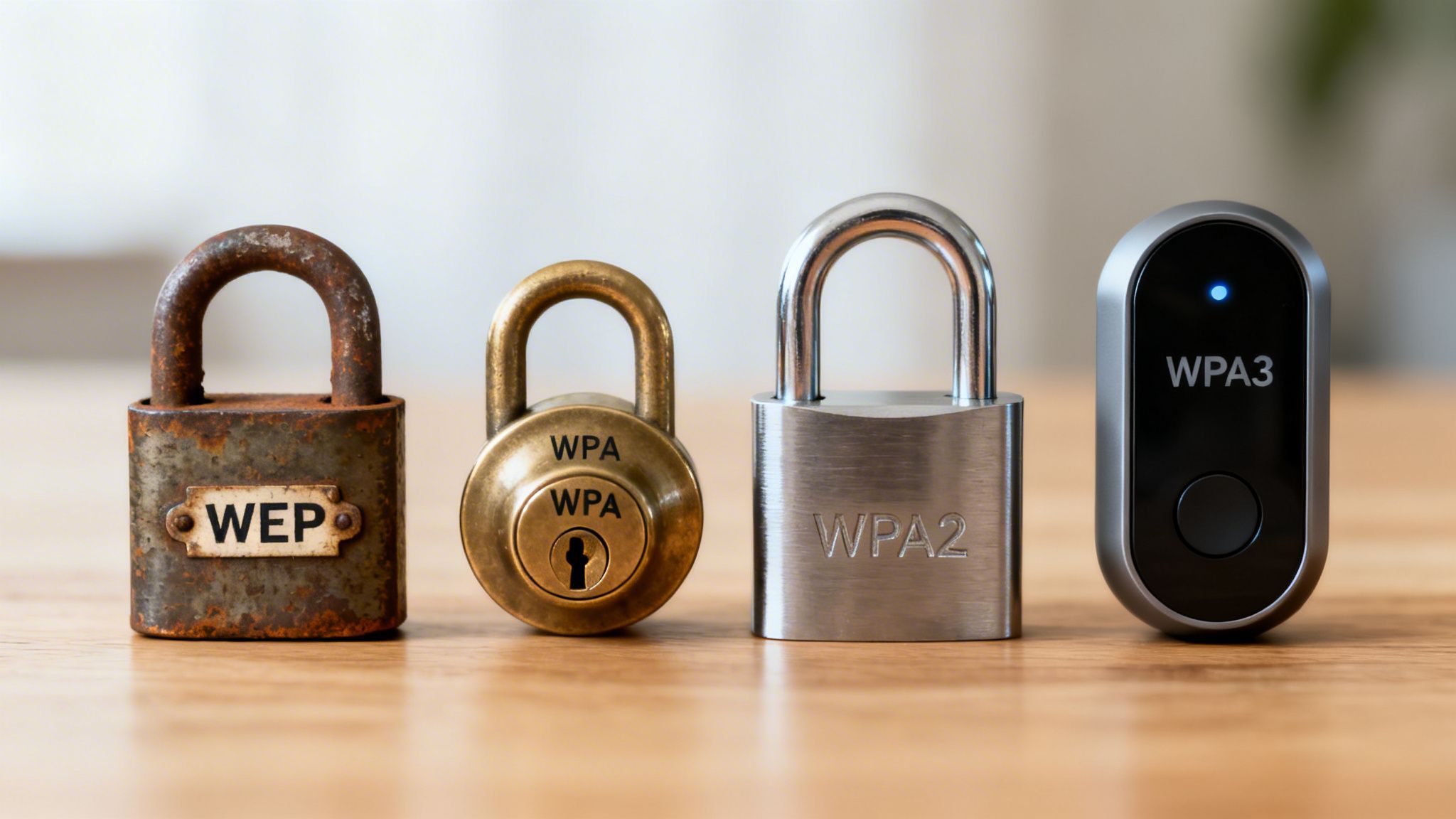 A visual timeline of Wi-Fi security: rusty WEP padlock, brass WPA, silver WPA2, and modern WPA3 device.