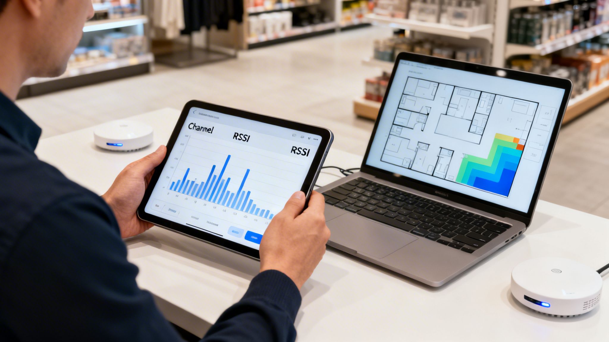 Person analyzes Wi-Fi signal strength on a tablet showing channels and a laptop with a floor plan heatmap.