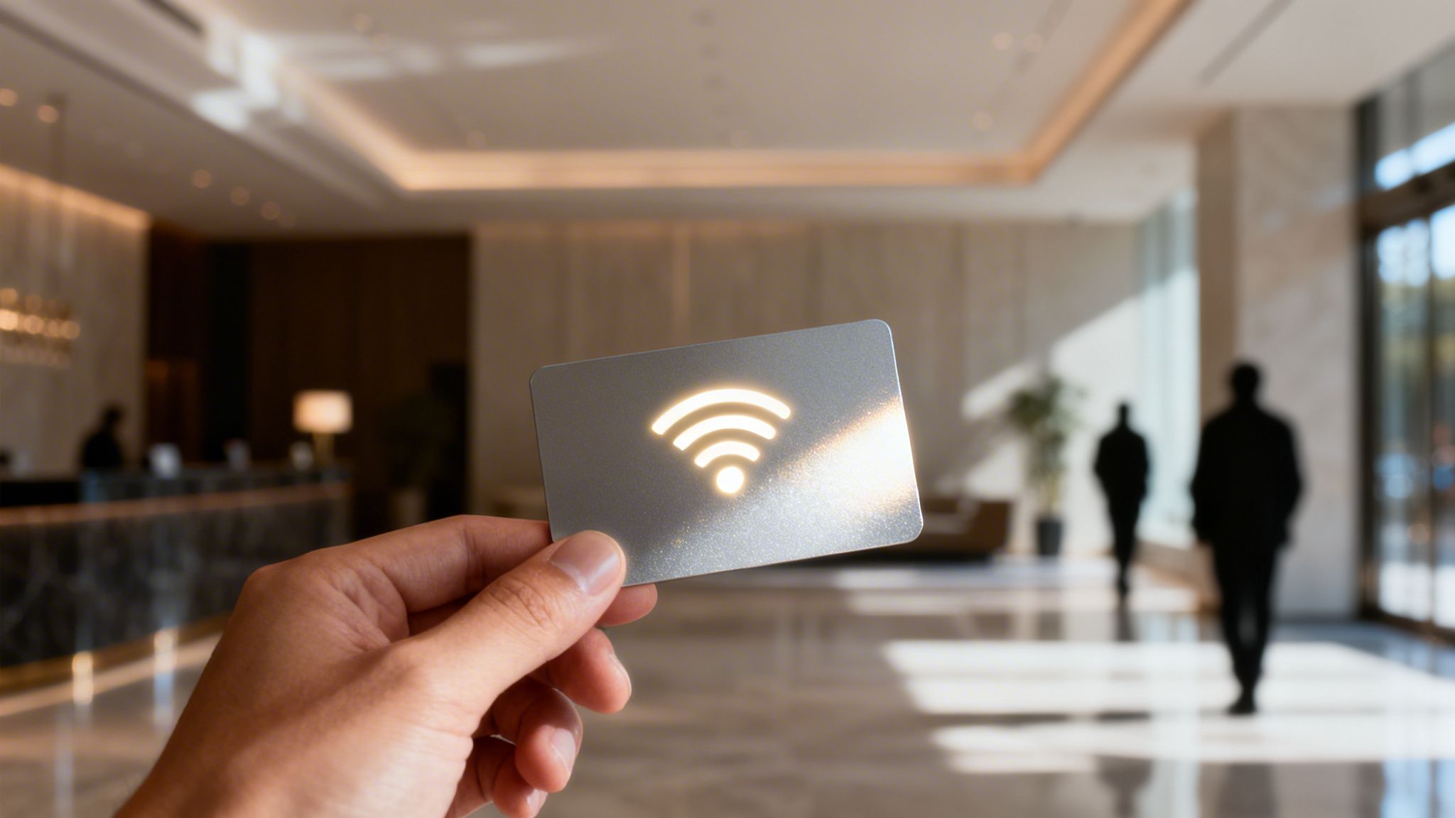 A hand holds a silver card with a glowing Wi-Fi symbol in a blurry modern lobby.