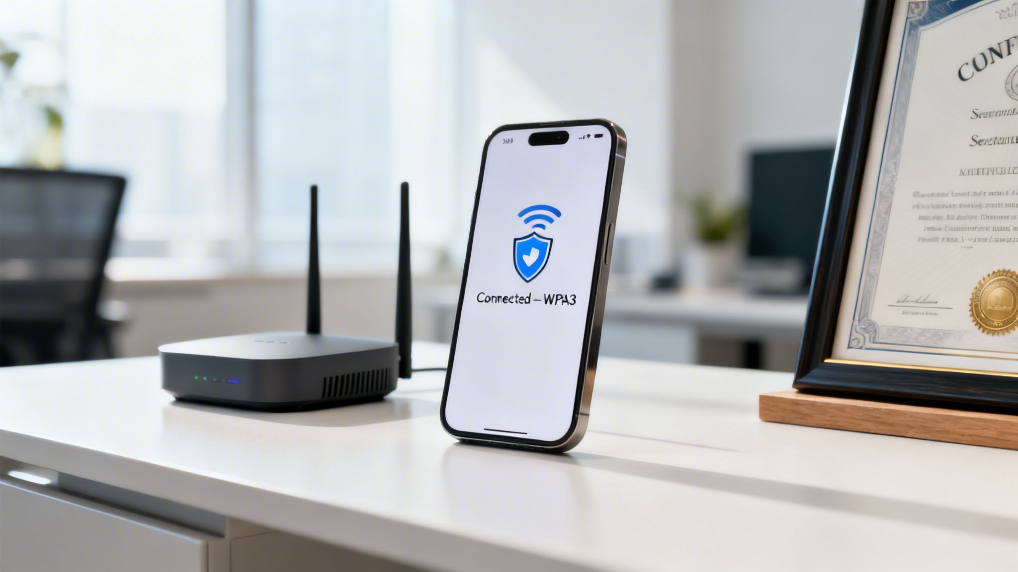 A smartphone displays WPA3 Wi-Fi connected next to a router on an office desk.