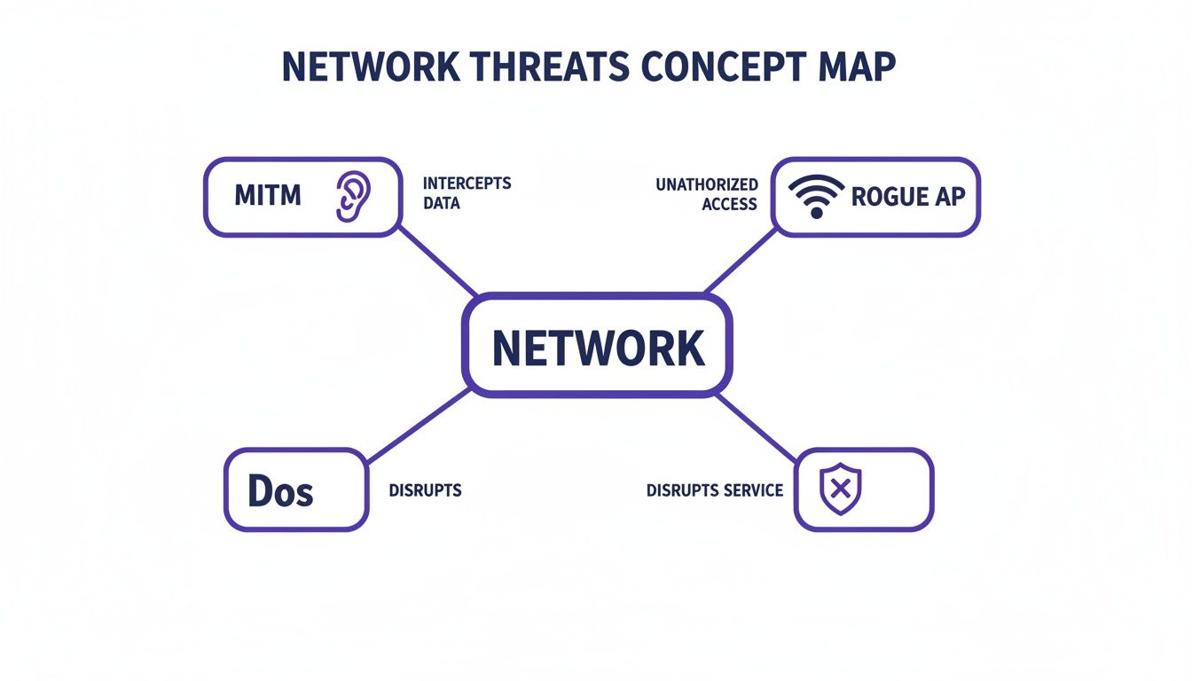 A network threats concept map illustrating MITM, DoS, and Rogue AP as threats to a network.