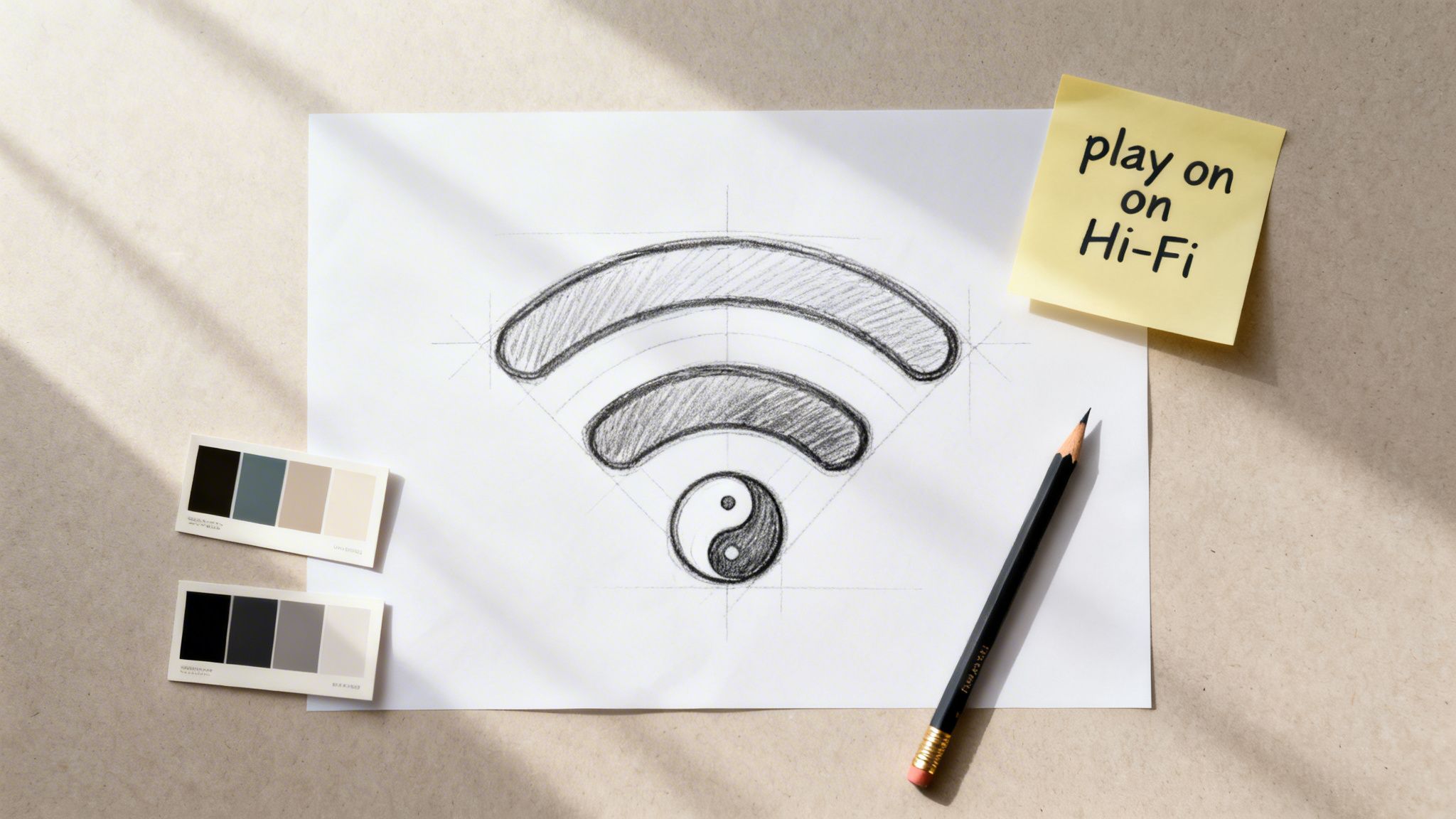 A creative design flat lay featuring a Wi-Fi and Yin Yang sketch, color swatches, and a 'play on Hi-Fi' note.