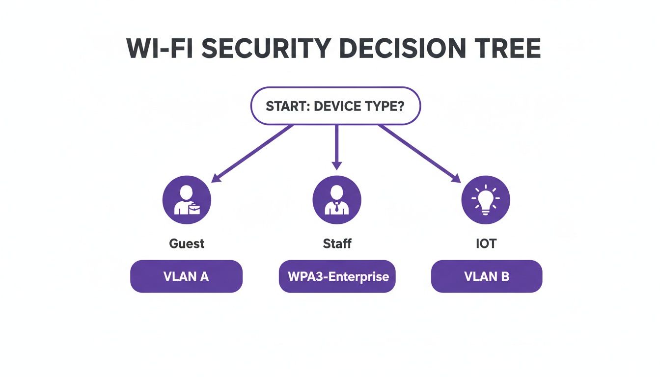 Decision tree illustrating Wi-Fi security policies for device types: Guest (VLAN A), Staff (WPA3-Enterprise), and IOT (VLAN B).