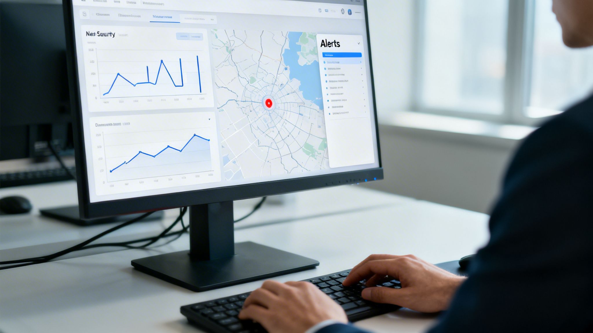 A person works on a computer displaying a network security dashboard with graphs, a map, and alerts.