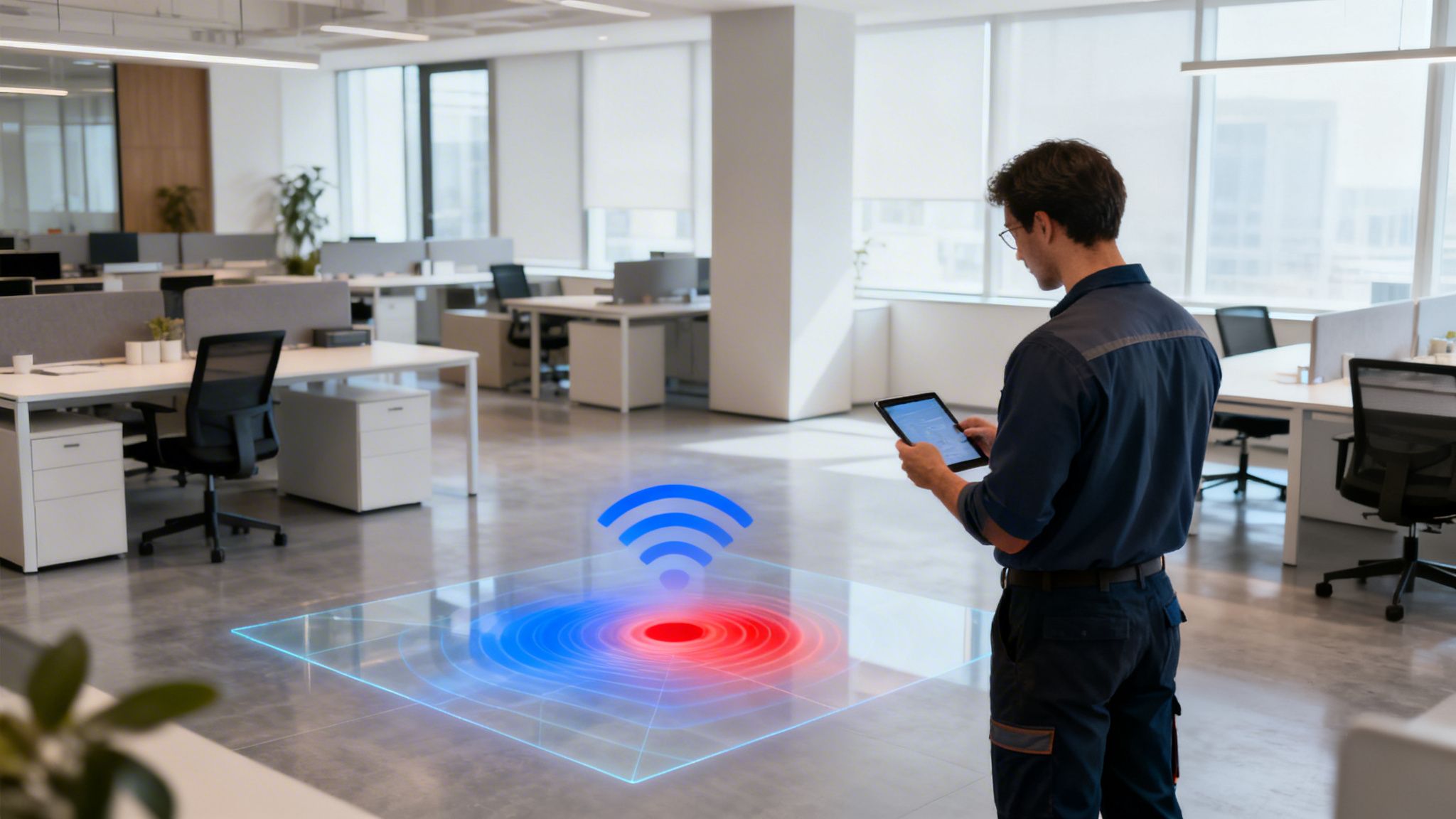 A technician with a tablet monitors Wi-Fi signal strength displayed as a heat map in an office.
