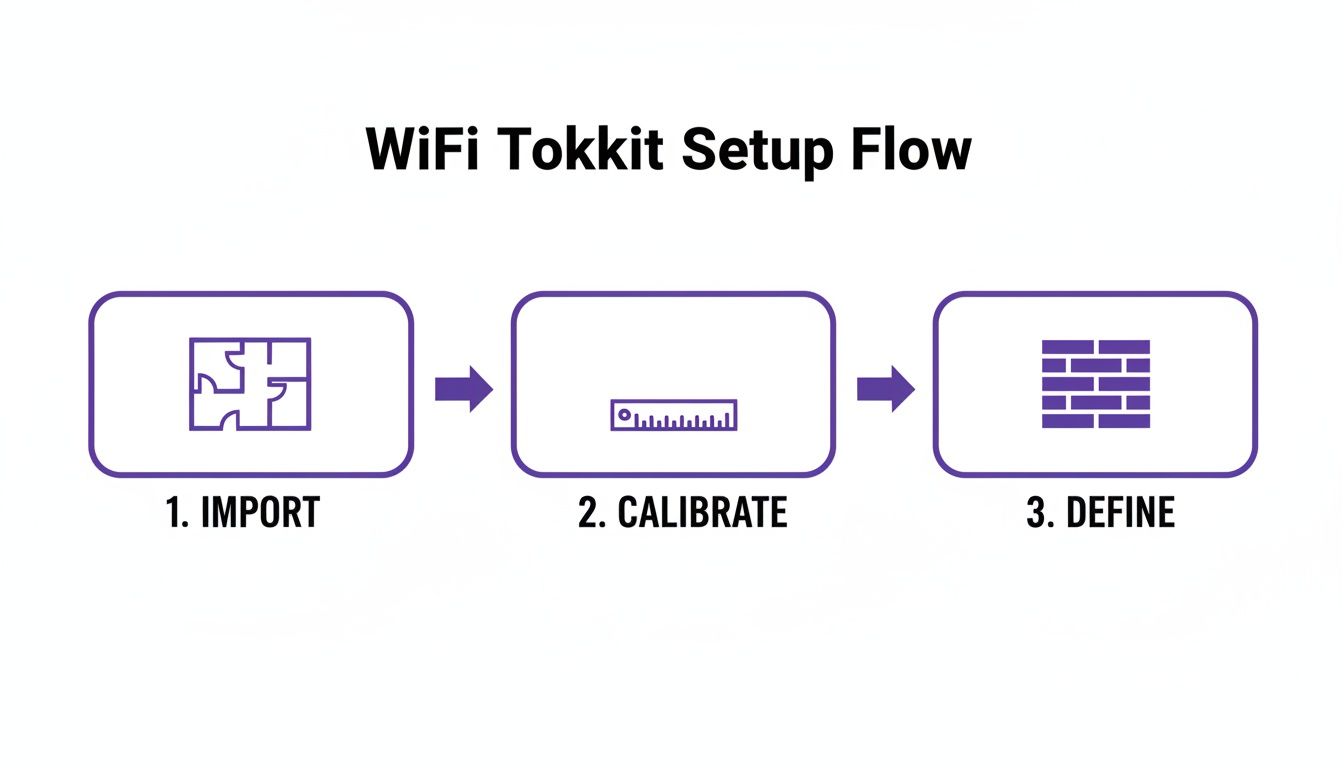 A three-step WiFi Tokkit setup flow: import, calibrate, and define stages for heat mapping.