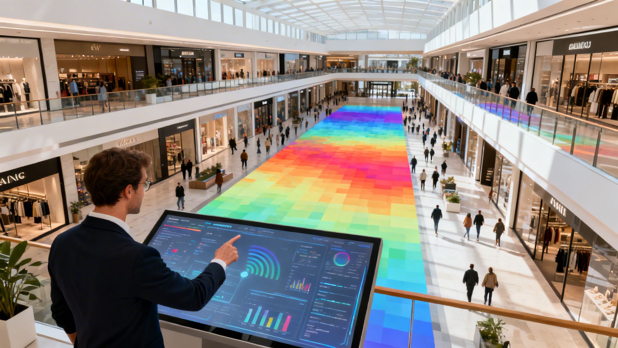 A man interacts with a large digital screen displaying data in a modern shopping mall with a colorful heat-mapped floor.