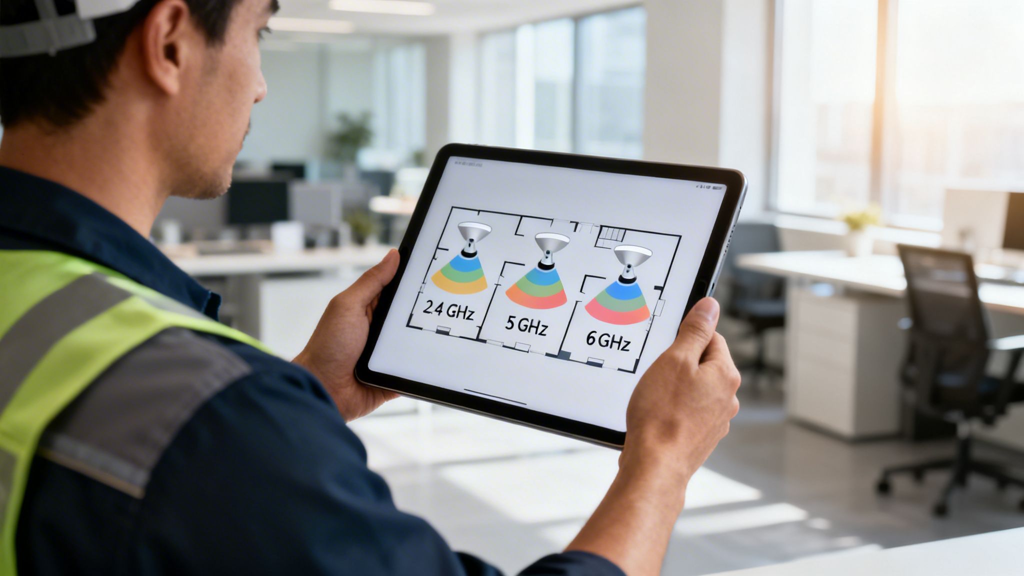 An engineer uses a tablet to visualize Wi-Fi signal coverage across 2.4, 5, and 6 GHz frequencies in an office.