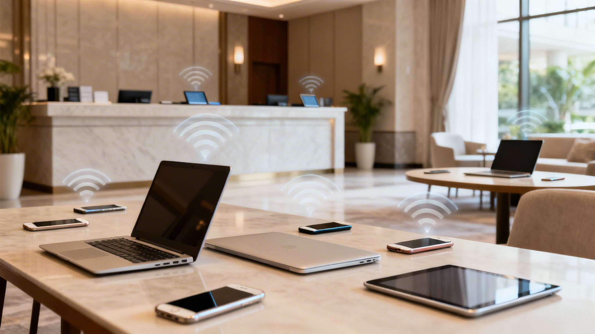 Modern hotel lobby featuring multiple laptops, smartphones, and tablets with glowing Wi-Fi signal icons.