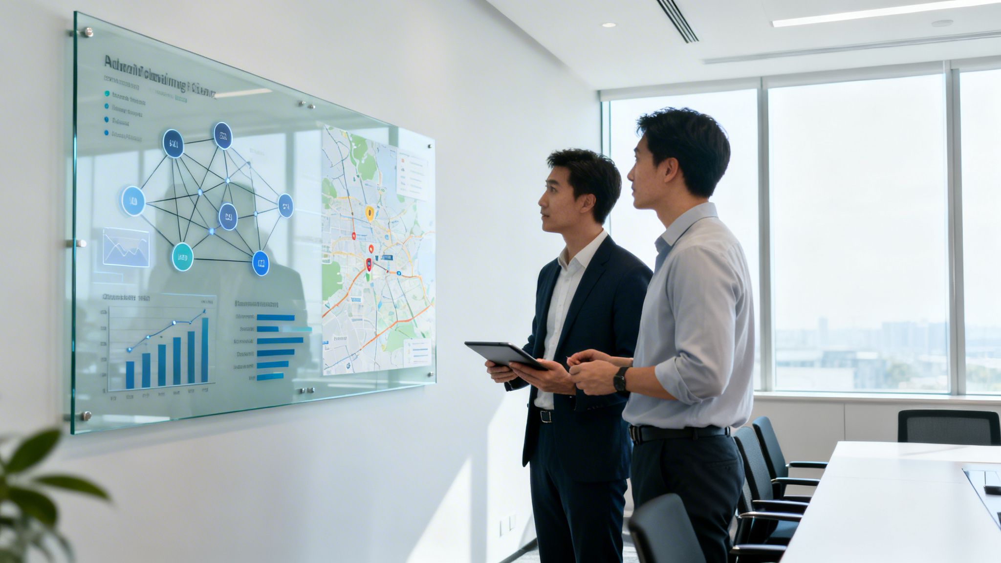 Two Asian businessmen analyze network and map data on a modern glass display in an office.