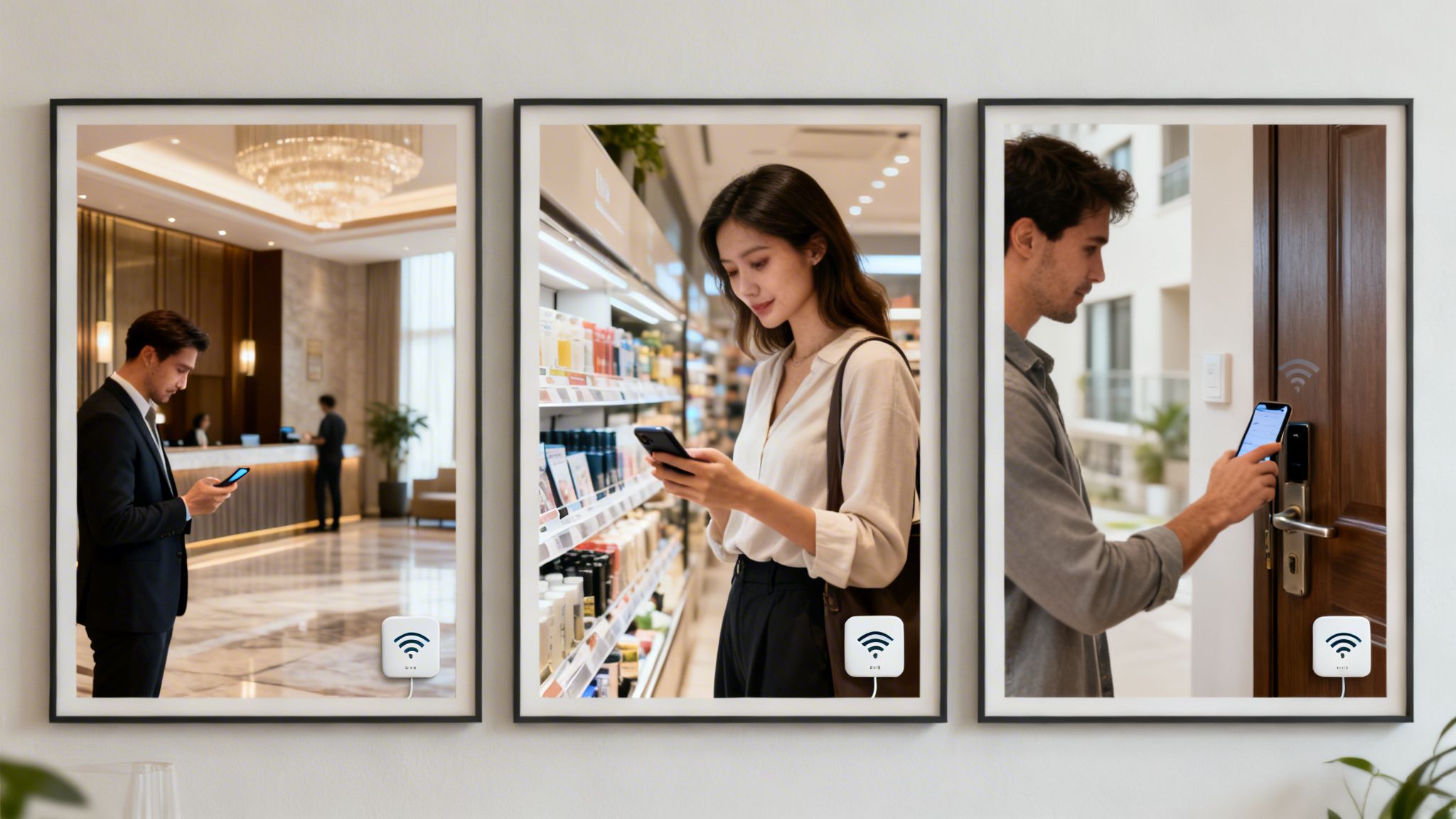 Three framed pictures show people using smartphones with wireless connectivity devices in various daily settings.