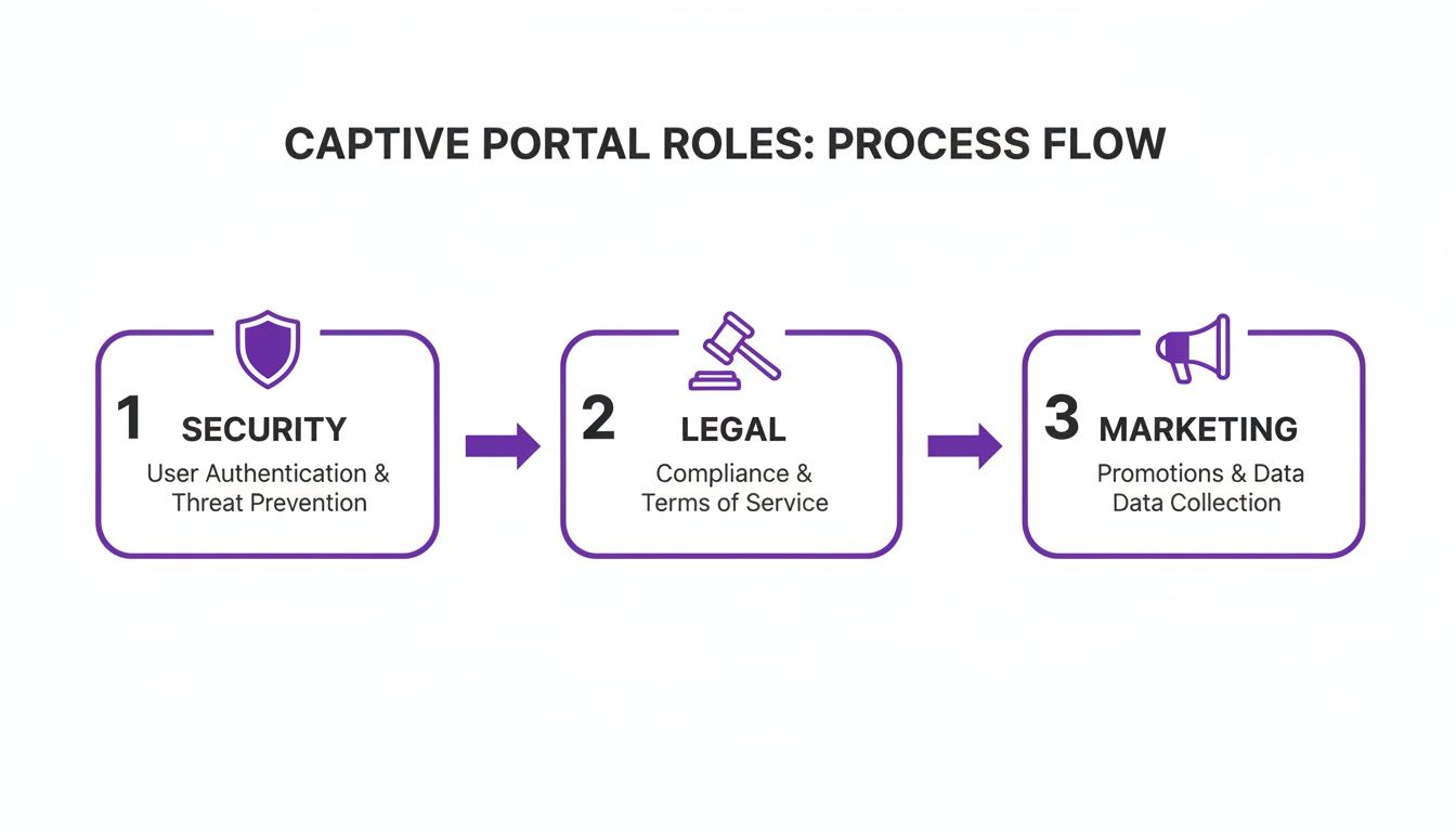 Captive Portal Roles process flow showing Security, Legal, and Marketing functions.