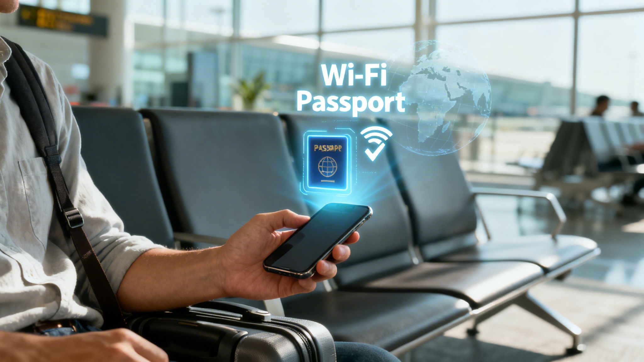 Traveler in an airport using a phone displaying 'Wi-Fi Passport' for digital identity and connectivity.