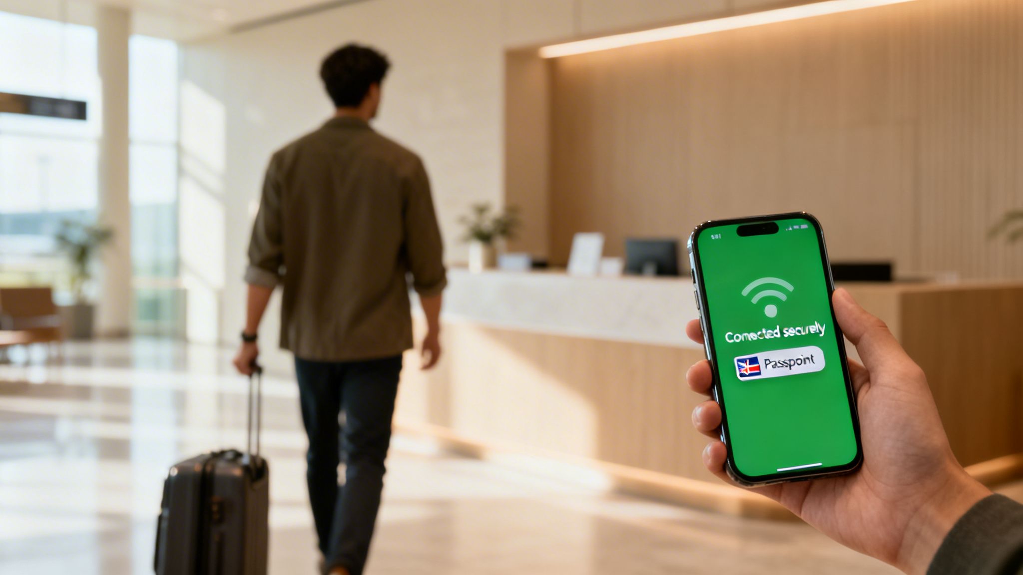 A hand holds a smartphone showing 'Connected securely' with a UK Passport button, while a traveler walks in a hotel lobby.