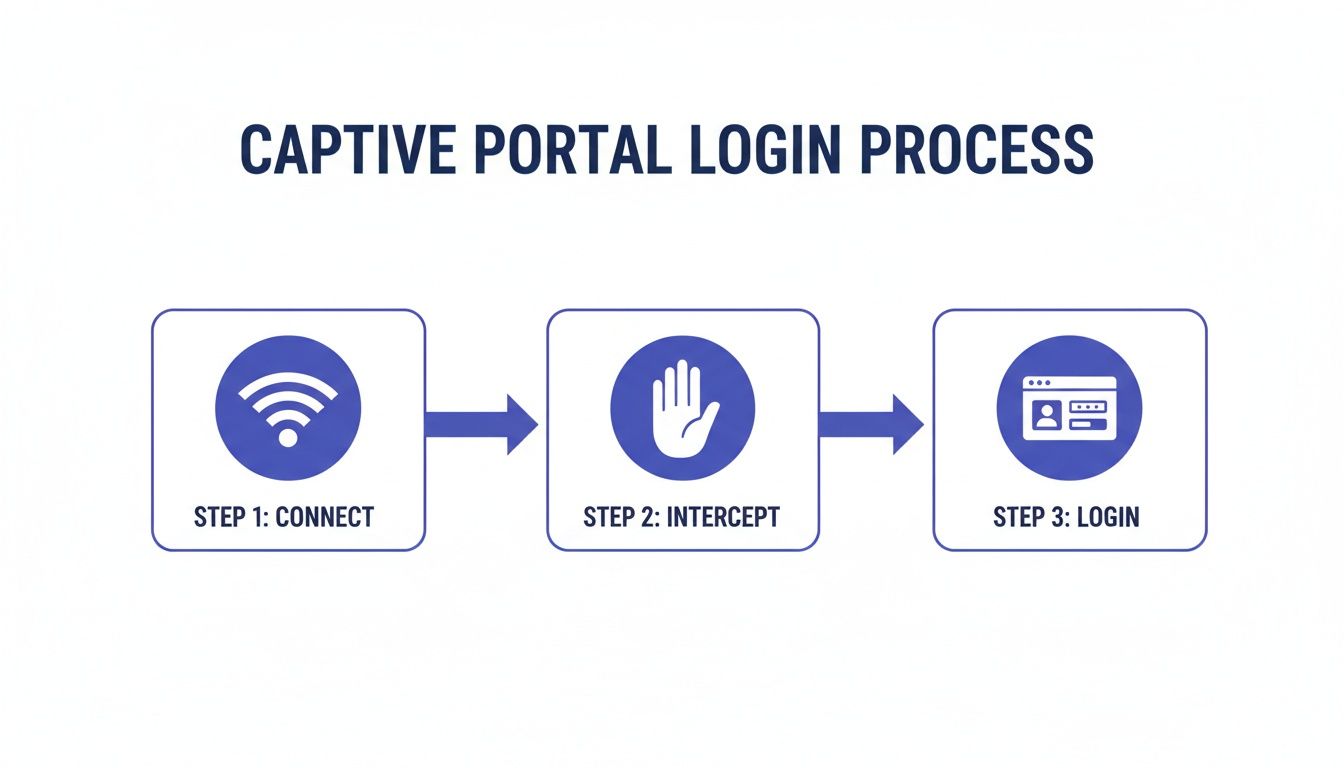 A three-step infographic illustrating the captive portal login process: connect, intercept, and login.