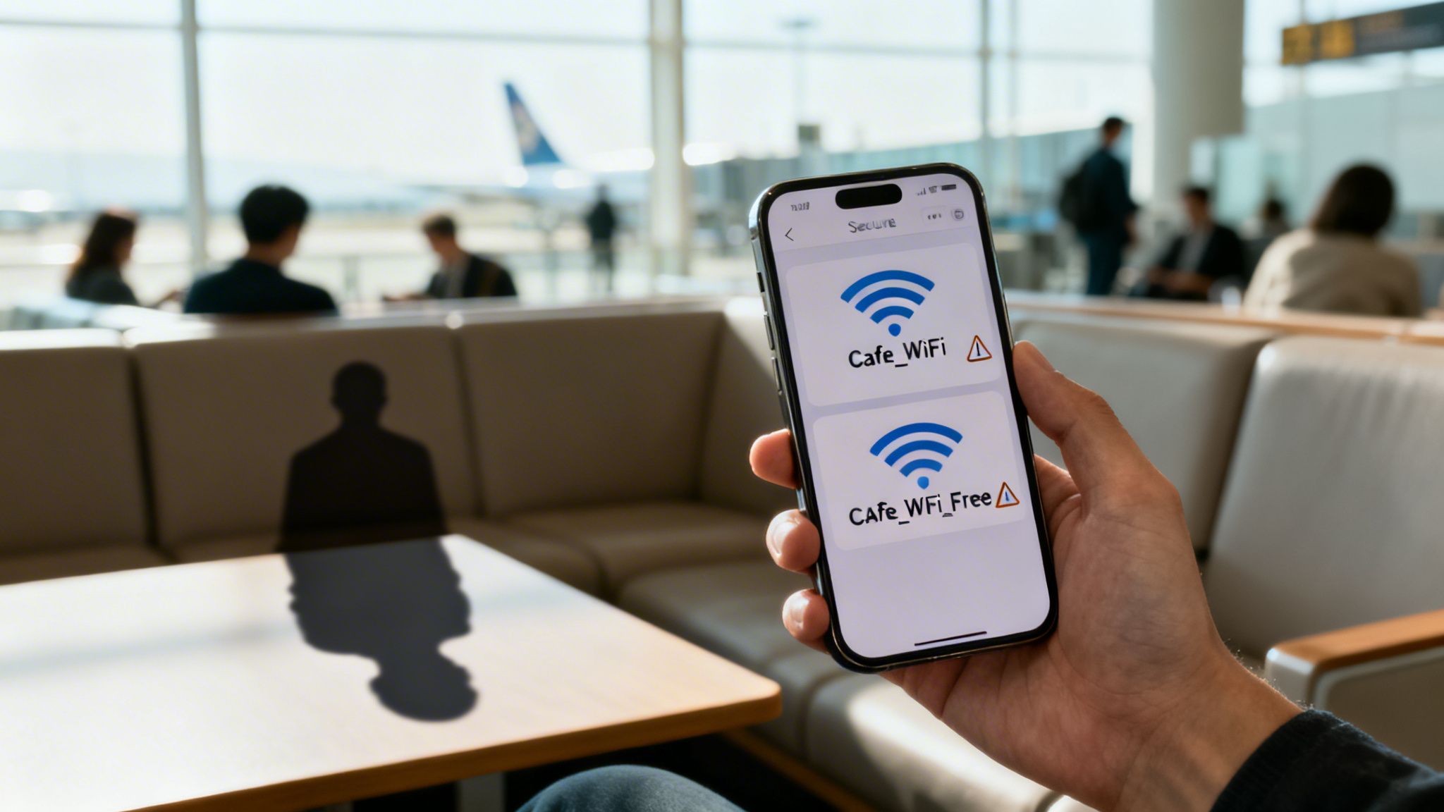 A person holds a smartphone displaying unsecured Wi-Fi networks in a busy airport lounge.