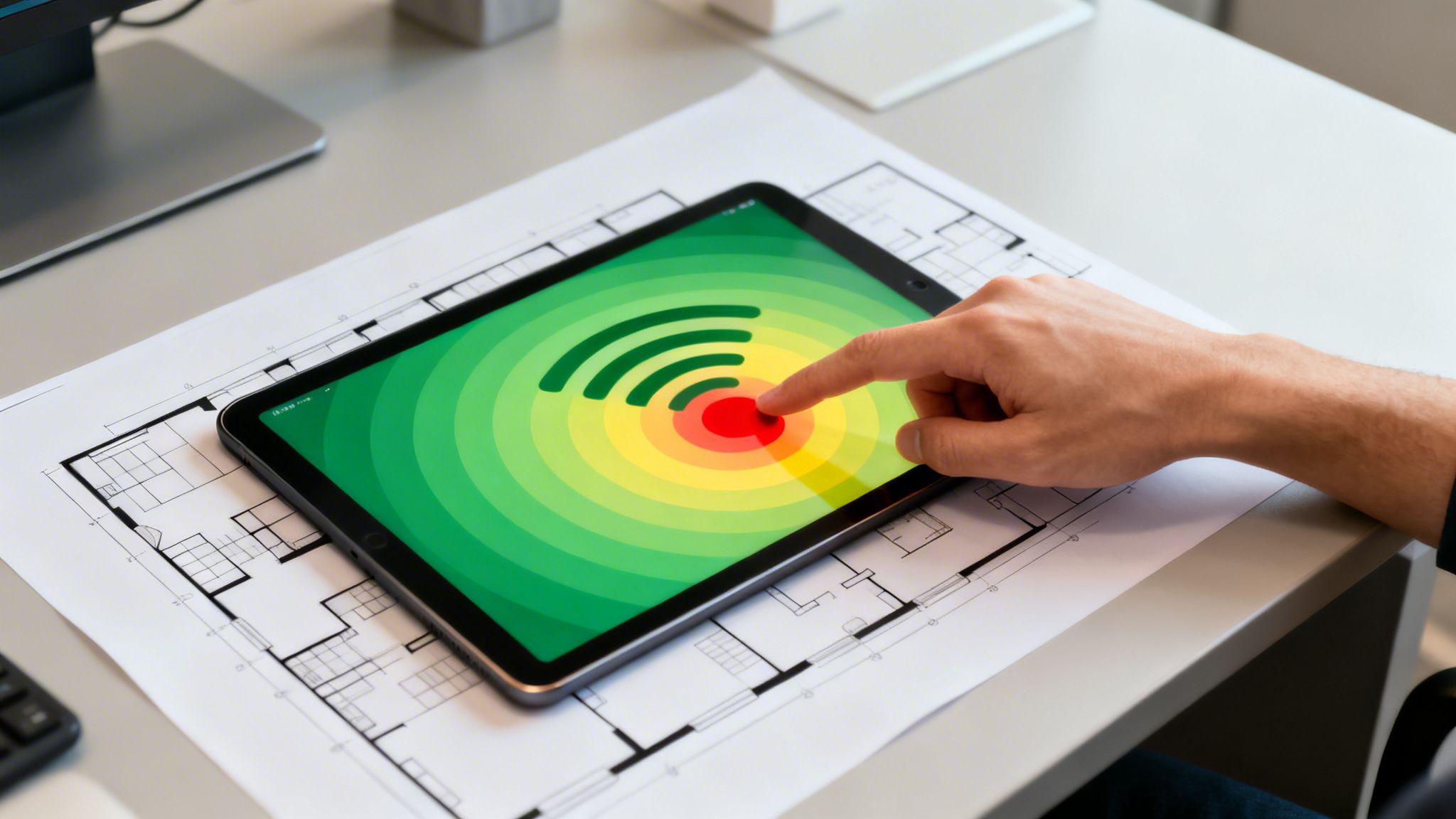 Hand touching a tablet displaying a colorful wifi heat map over architectural blueprints.