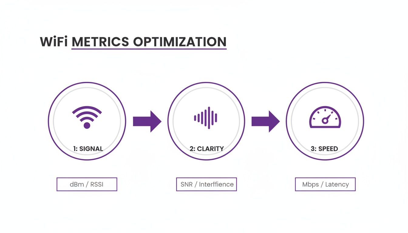 Diagram illustrating WiFi metrics optimization, showing signal, clarity, and speed with their respective measurement units.