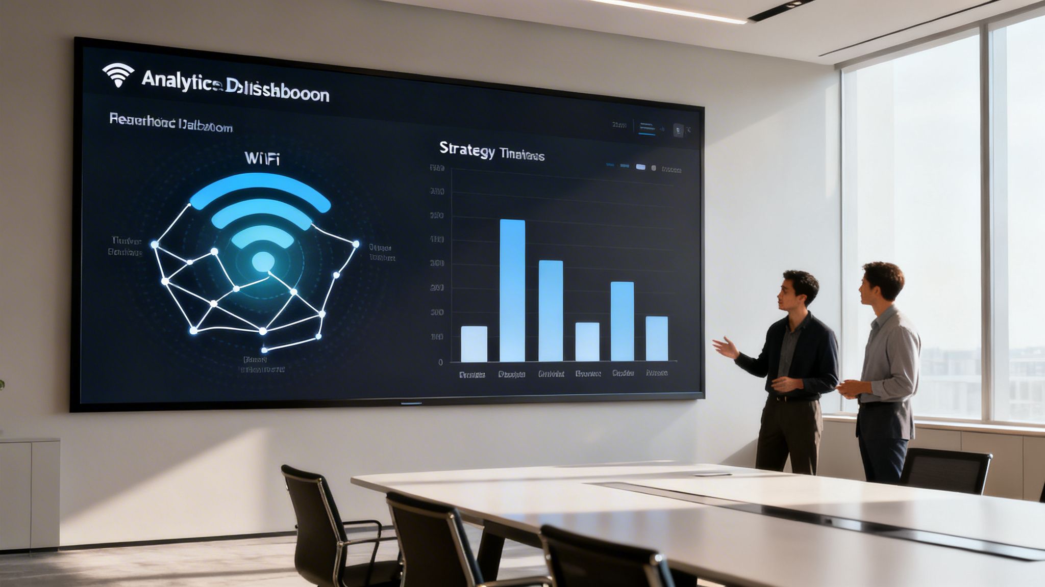 Two men present data analytics and strategy charts on a large screen in a modern conference room.