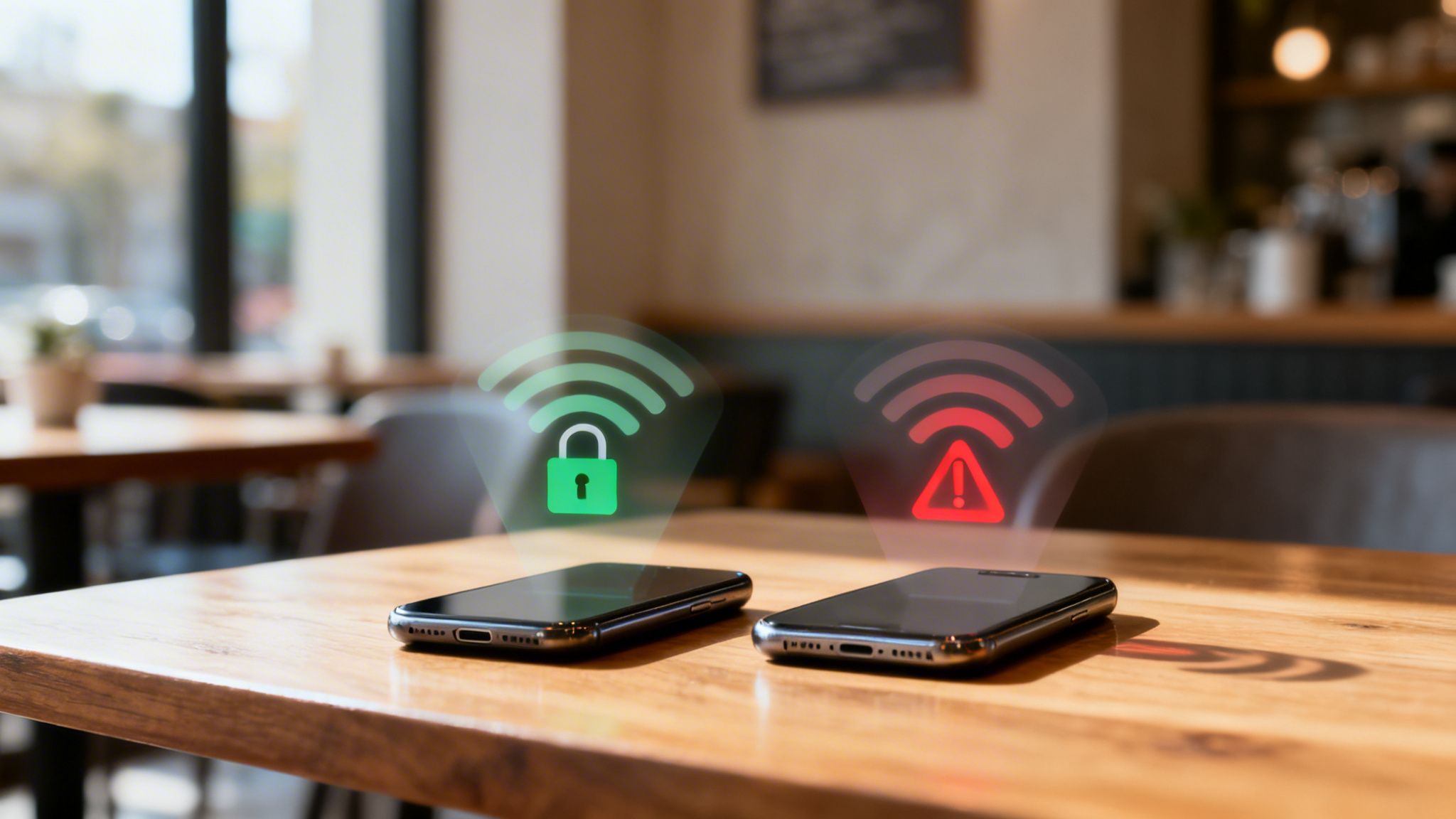 Two smartphones on a cafe table, one showing secure Wi-Fi, the other unsafe Wi-Fi.