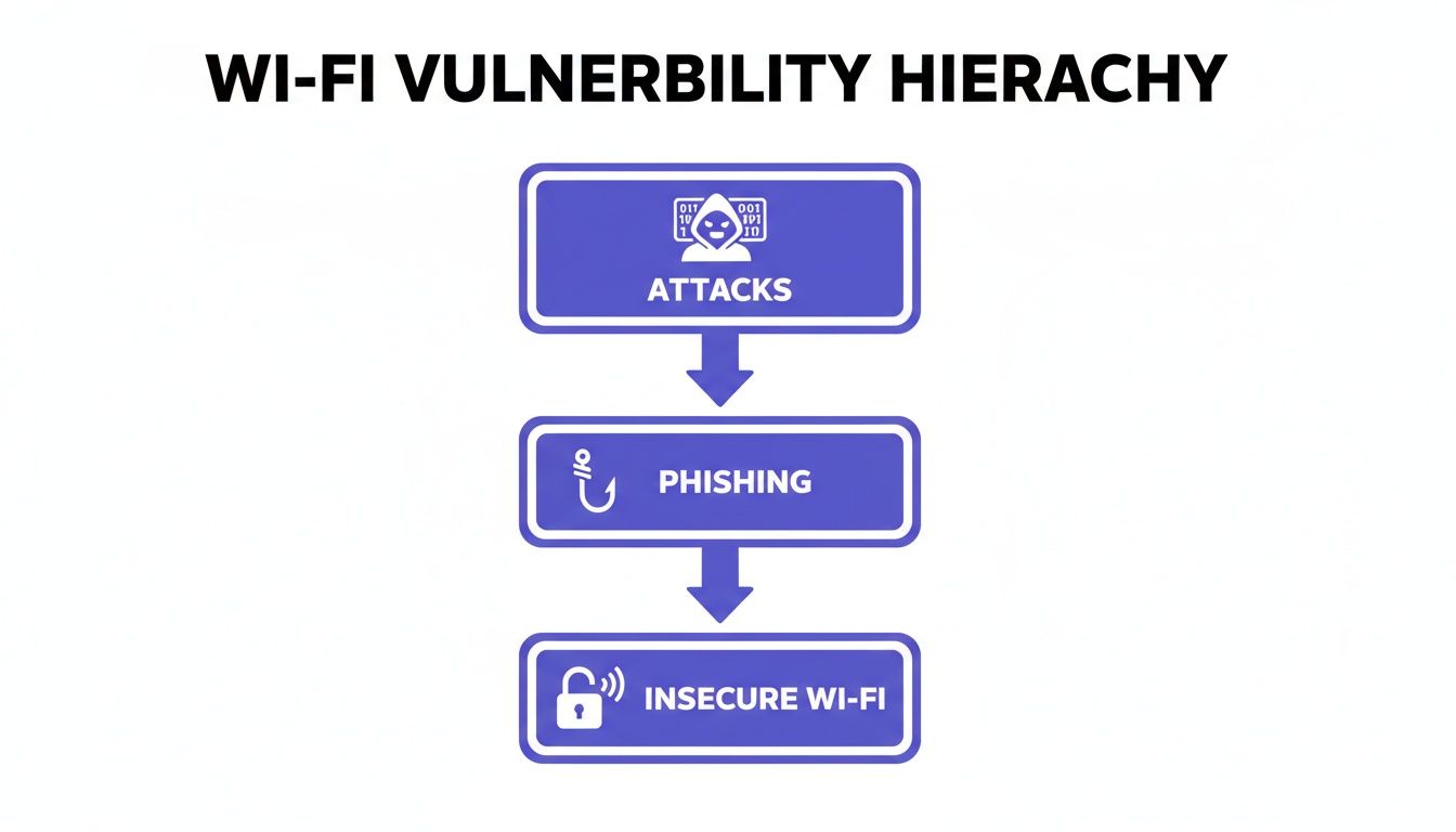 Hierarchy chart illustrating Wi-Fi vulnerabilities: attacks, phishing, and insecure Wi-Fi connections.