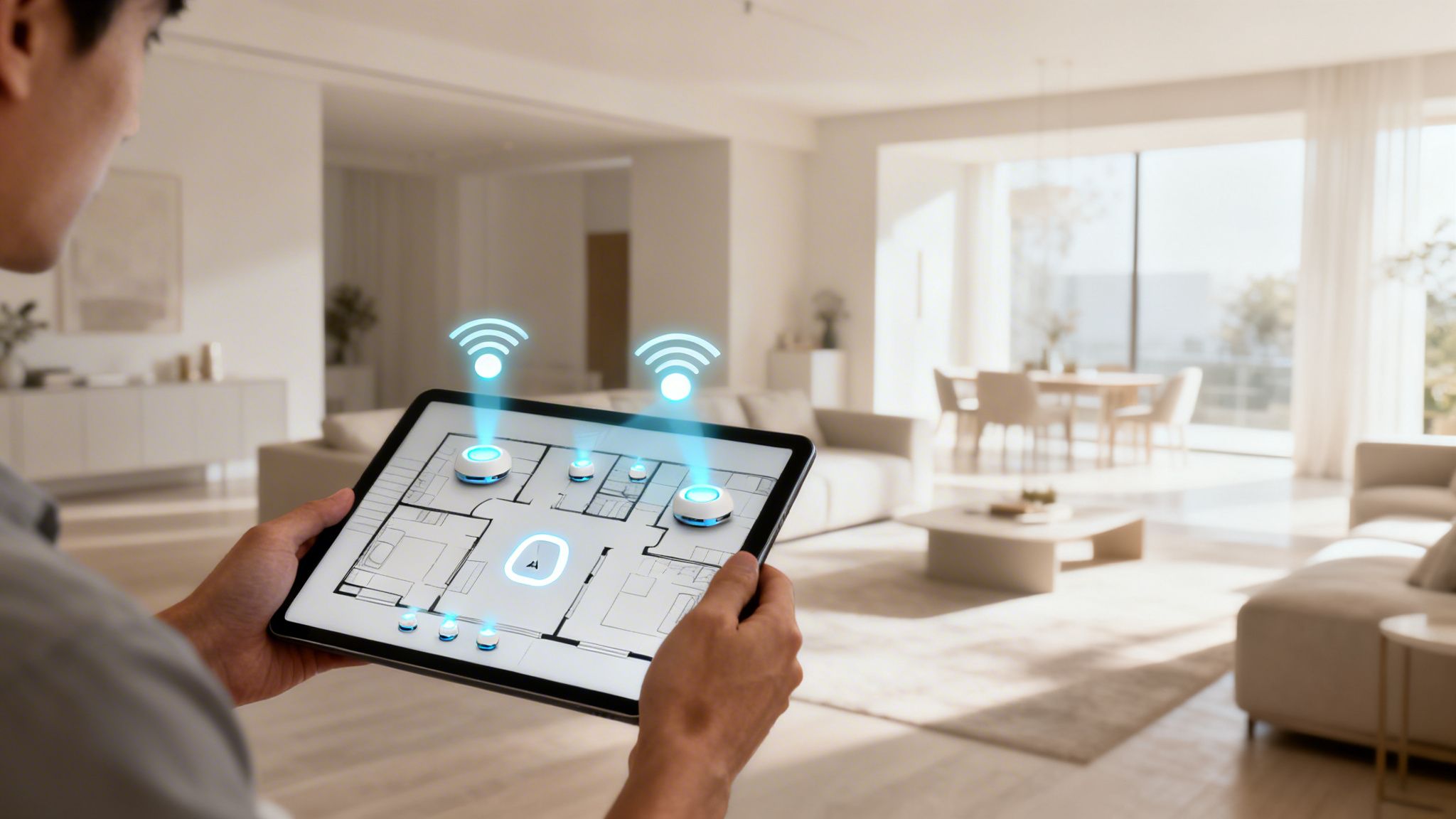 A person holds a tablet displaying a smart home floor plan with illuminated Wi-Fi devices in a modern living room.